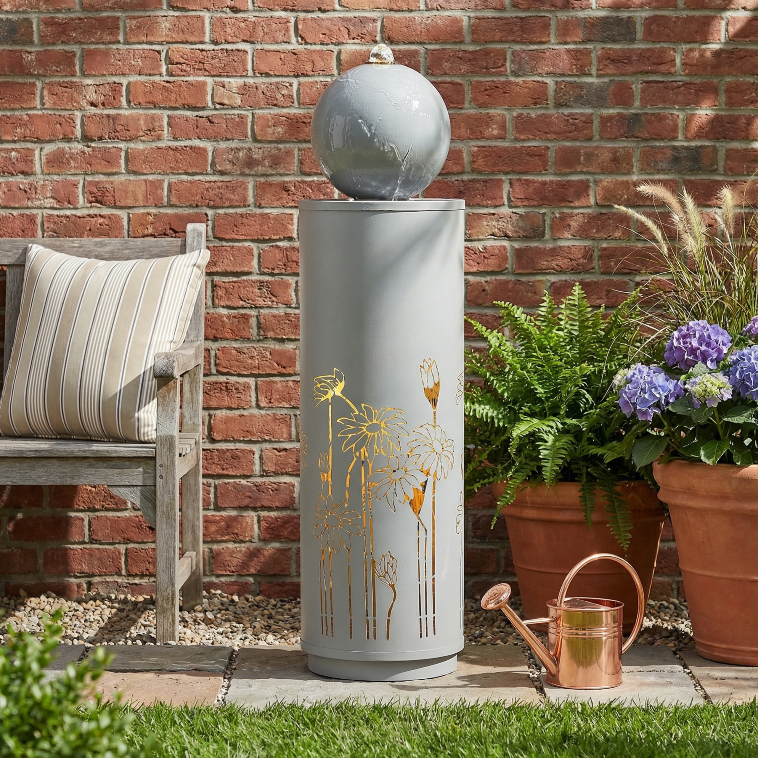 34.25″H Light Gray Metal Cutout Outdoor Water Fountain with LED Lights, Modern Freestanding Sphere-Top Water Feature for Patio Garden Backyard Decor