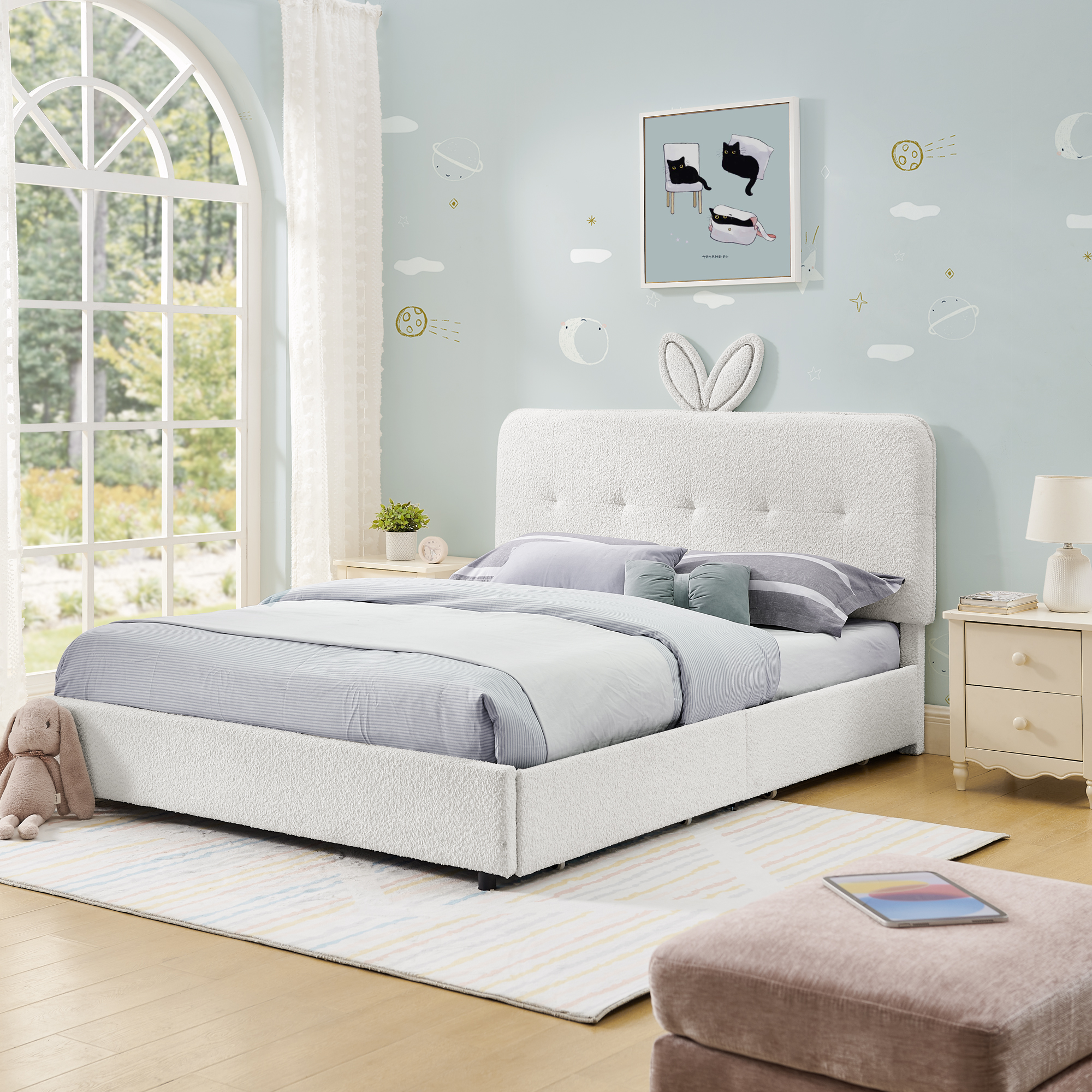 Full Size Kids Upholstered Bed with Oversized Rabbit Ear Headboard, LED Light & 4 Storage Drawers, Boucle Fabric (79.5”X55.75”X41”)