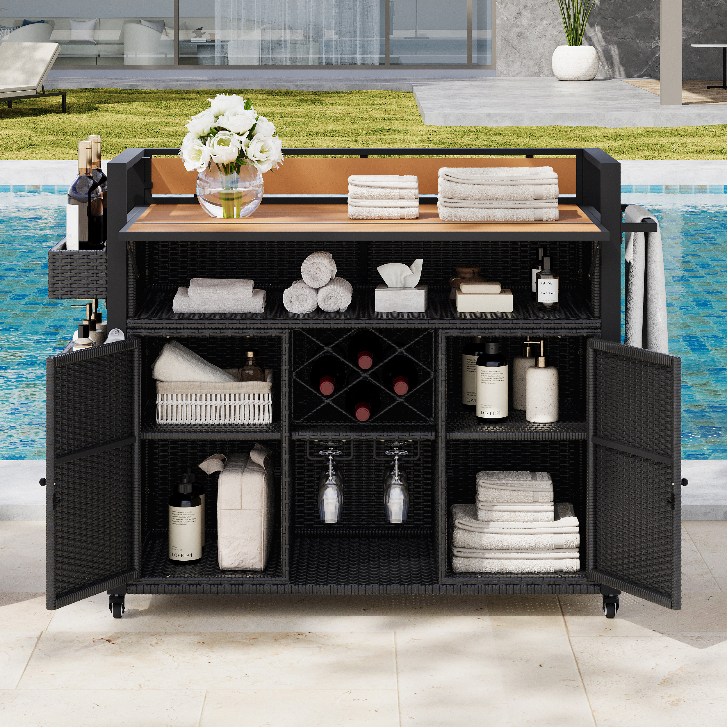 K&K 52.8″W Wicker Outdoor Grill Cart with Extended Plastic Wood Table Top, Rolling Kitchen Island on Wheels with Storage Cabinet, for Patio Backyard Garden Poolside, Double Handle Design, Black Brown