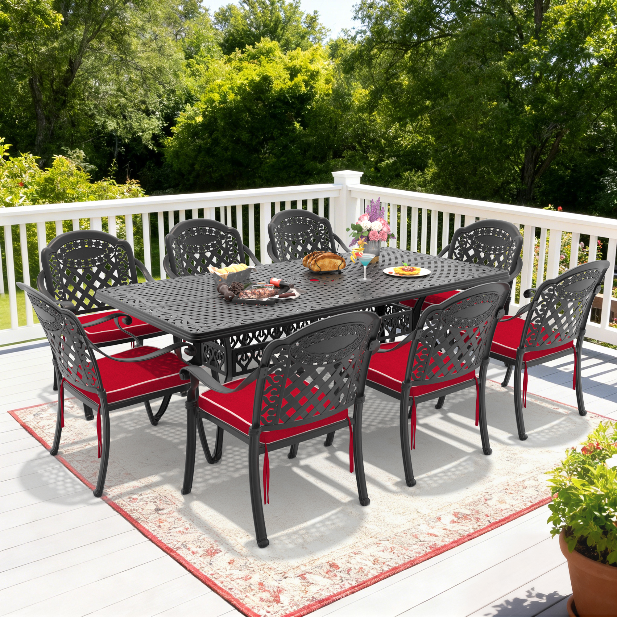 9-Piece Set Of Cast Aluminum Patio Furniture With Red Cushions(same as W1710S00611)