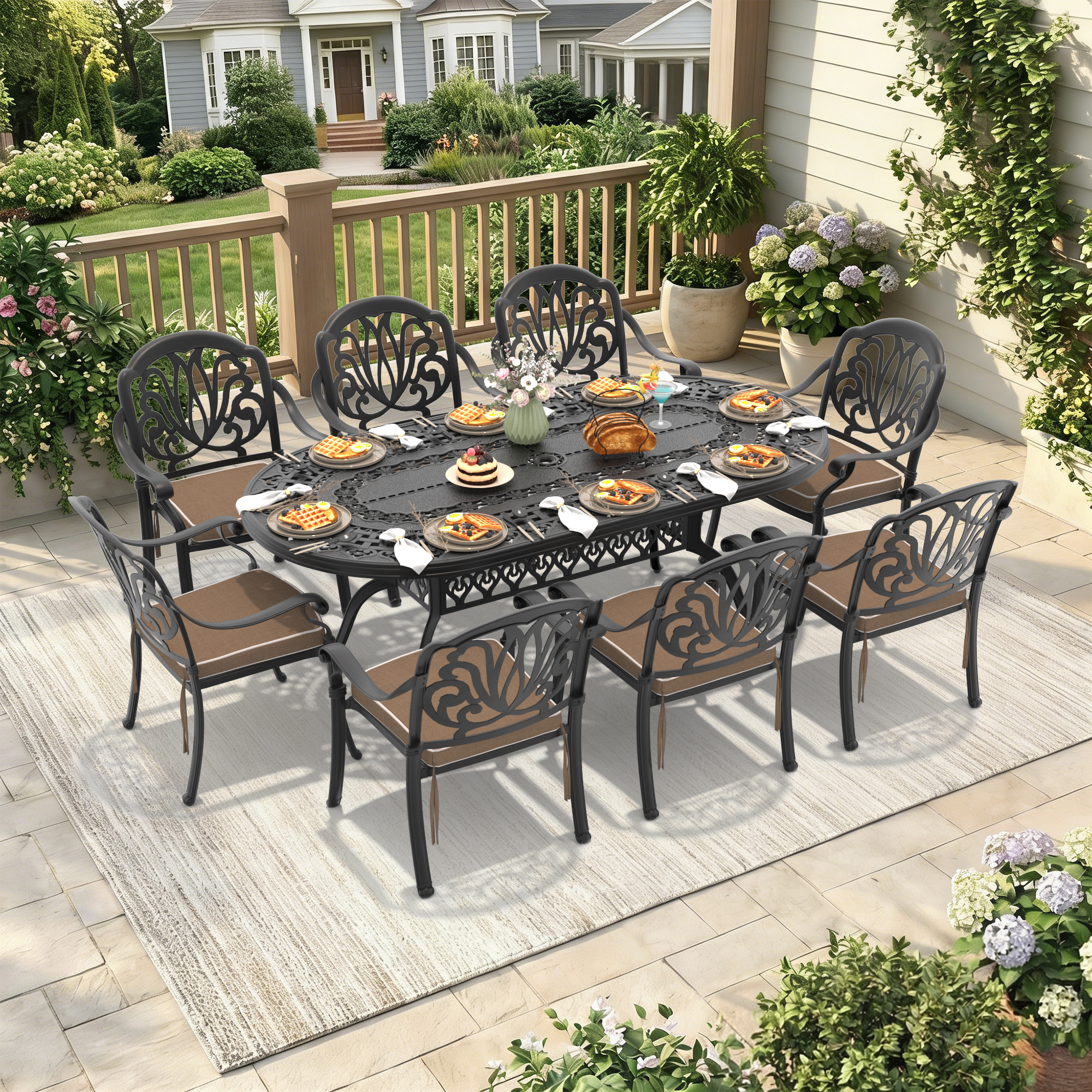 9-Piece Set Of Cast Aluminum Patio Furniture With Brown Cushions(same as W1710S00600)