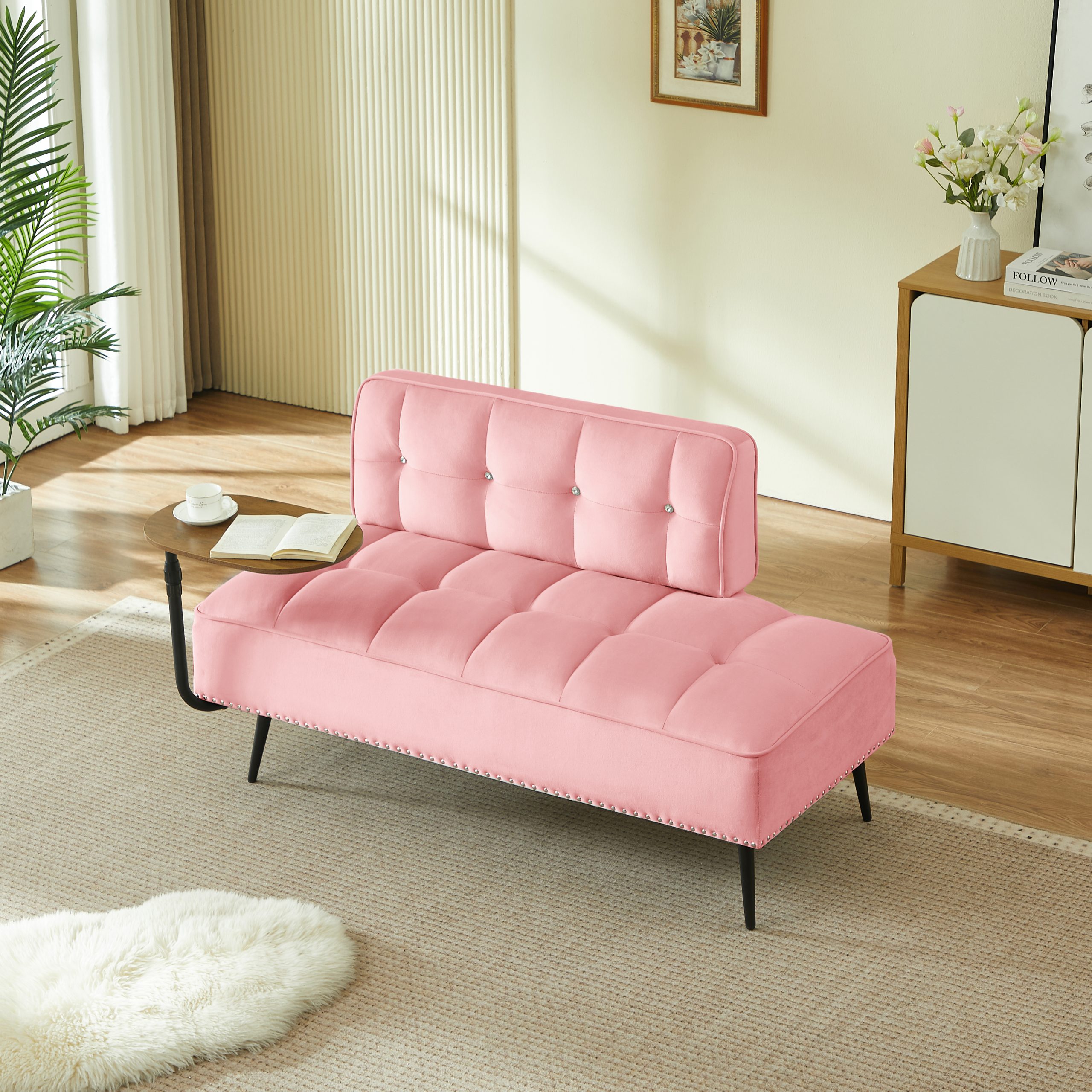 54-Inch Modern Two-Seater Velvet Sofa with Backrest & 360° Rotating Side Table – Entryway Ottoman, Multi-Use Bench, Office Desk and Chair Set, Space-Saving Design for Living Room, Bedroom, Apartment