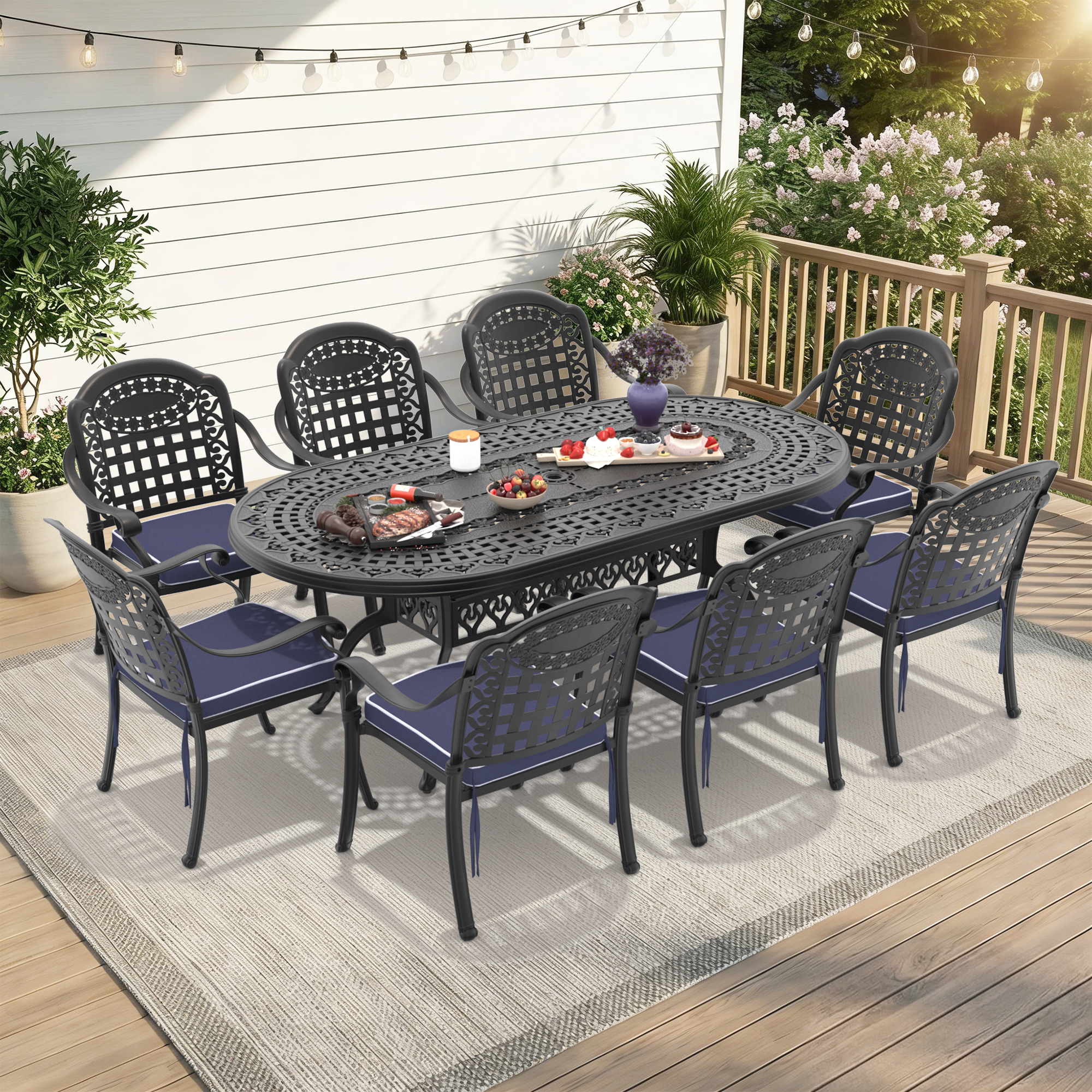 9-Piece Set Of Cast Aluminum Patio Furniture With Blue Cushions(same sku:W1710S00198 , W1710S00601)