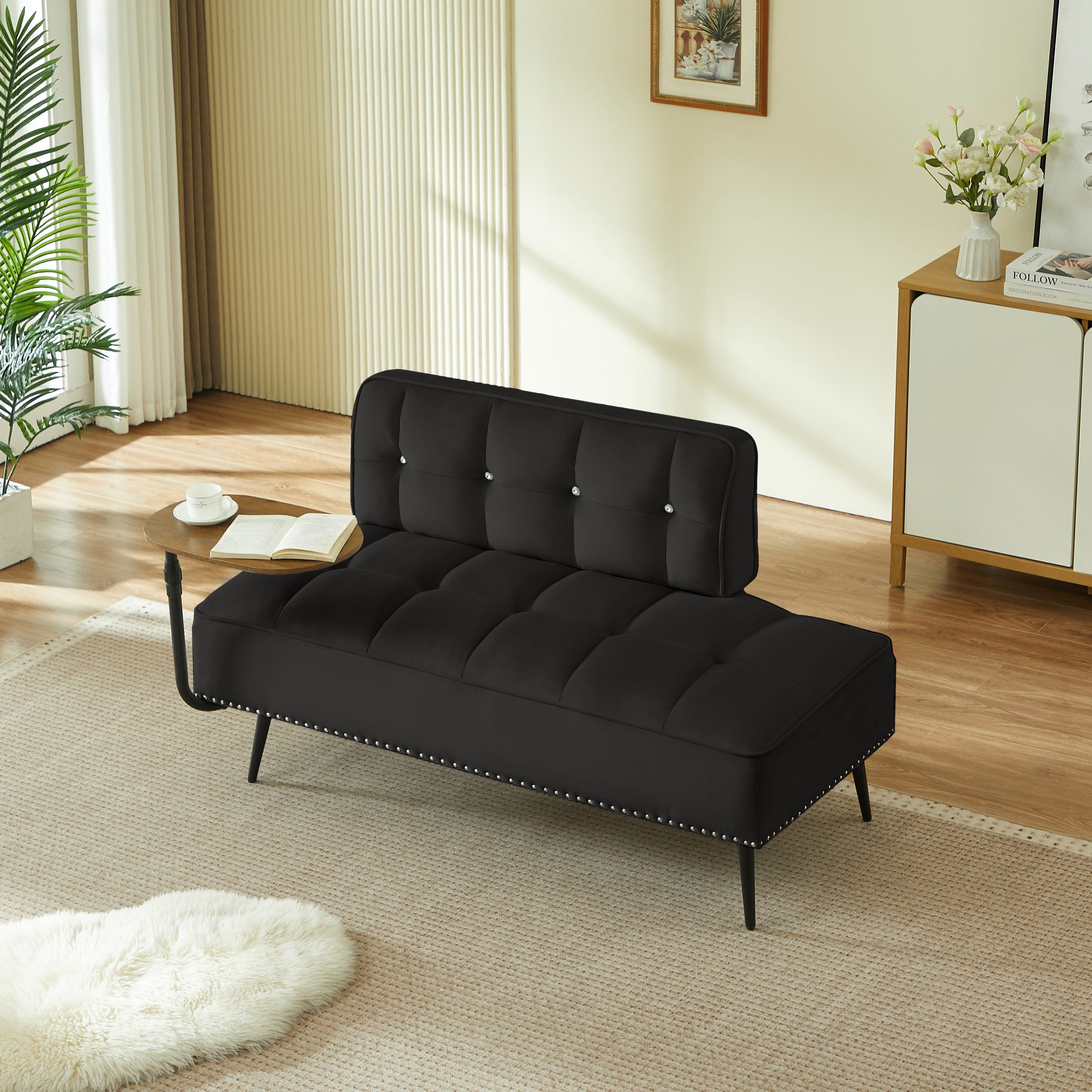 54-Inch Modern Two-Seater Velvet Sofa with Backrest & 360° Rotating Side Table – Entryway Ottoman, Multi-Use Bench, Office Desk and Chair Set, Space-Saving Design for Living Room, Bedroom, Apartment