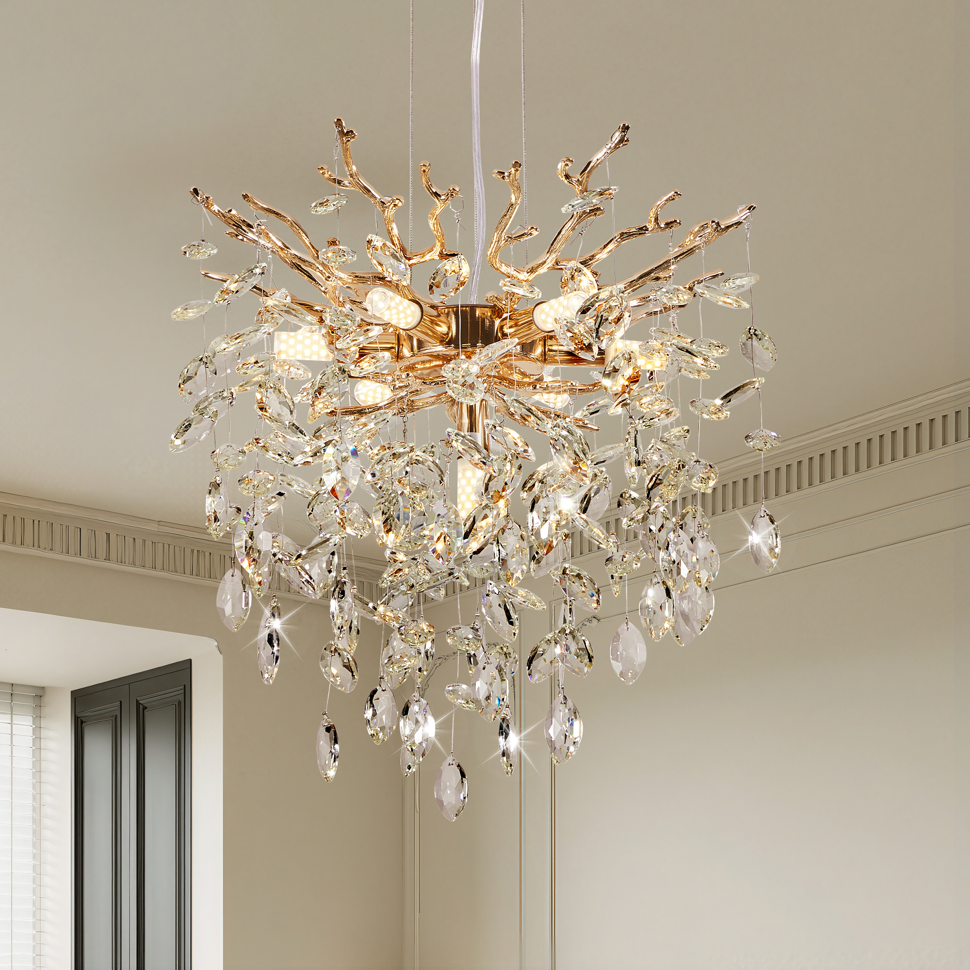 Modern Tree Branch Crystal Chandelier Luxury Gold Crystal Pendant Lighting 18″ Contemporary 7-Light Chandeliers for Dining Room Kitchen Bedroom Living Room