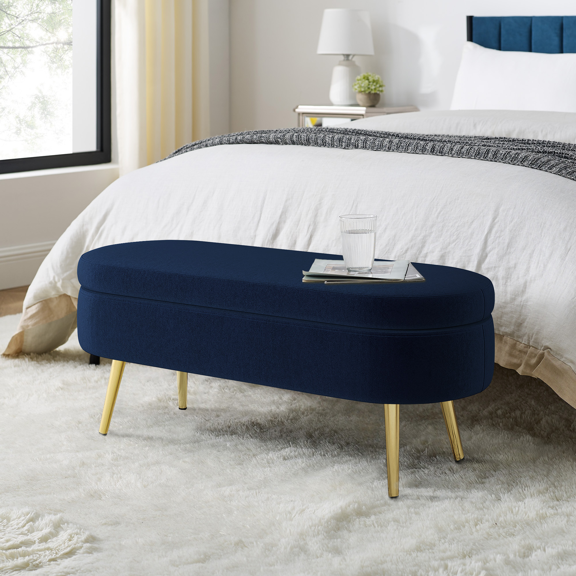 Ottoman Oval Storage Bench, Flannel with Metal Legs-Dark Blue(43.5″x16″x16″)