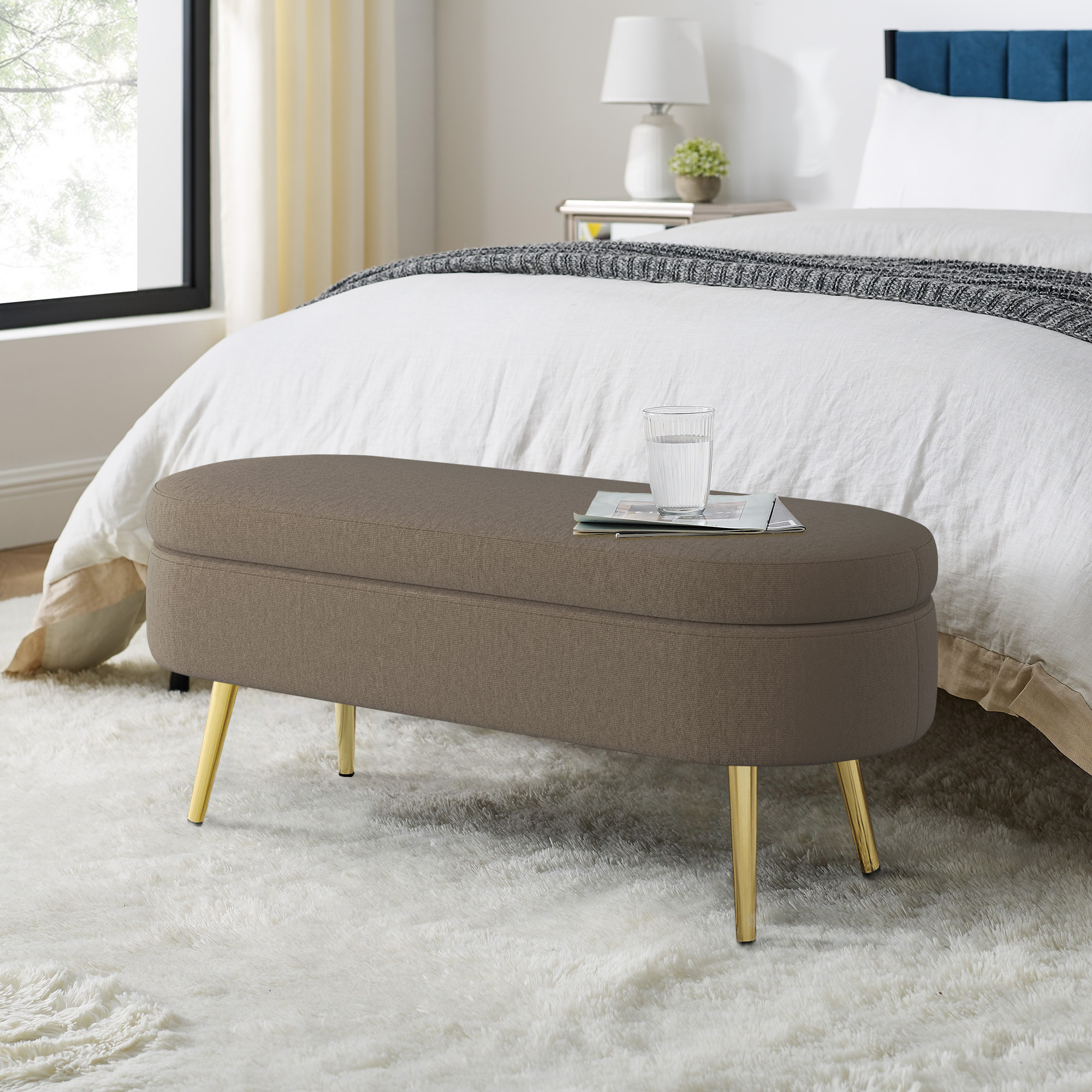 Ottoman Oval Storage Bench, Flannel with Metal Legs-Brown(43.5″x16″x16″)