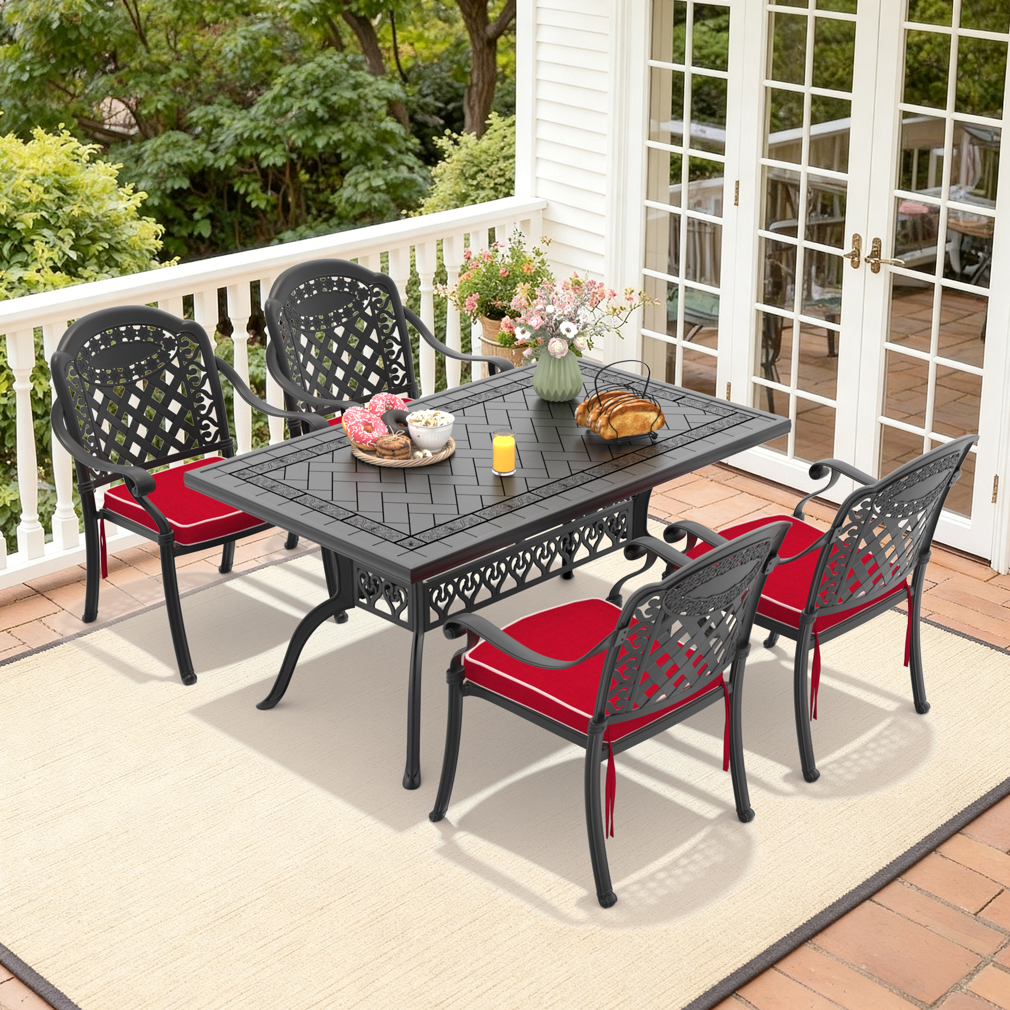 5-Piece Set Of Cast Aluminum Patio Furniture With Red Cushions(same as W1710S00573)