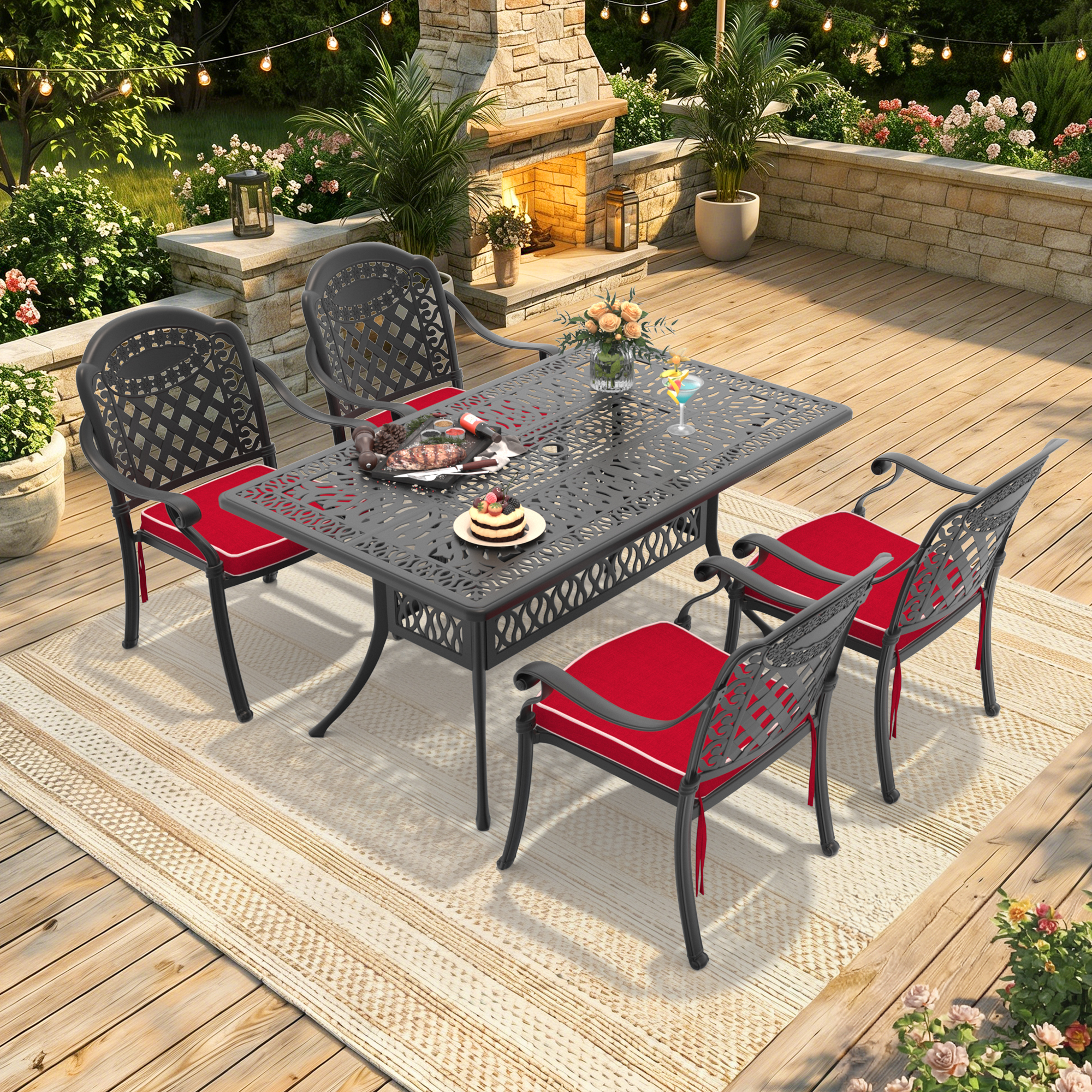 5-Piece Set Of Cast Aluminum Patio Furniture With Red Cushions(same as W1710S00568)