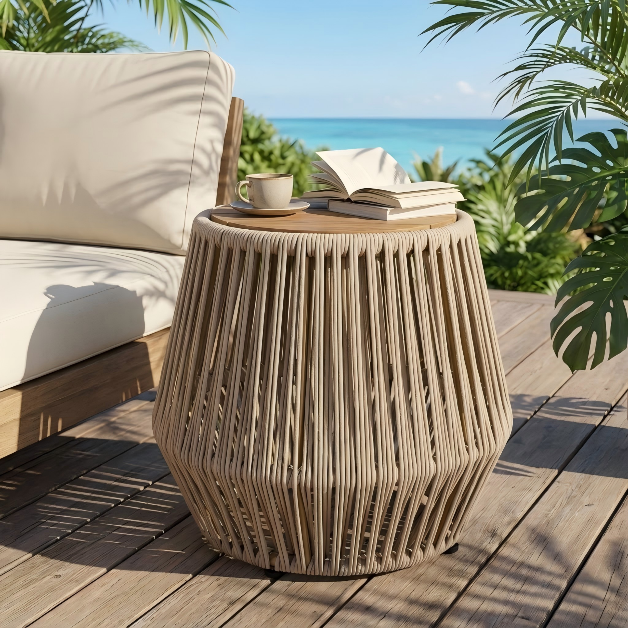 Acacia Wood Side Table with Beige Rope Base – Light Teak Finish, Modern Coastal Accent for Patio, Garden, Balcony & Indoor Use