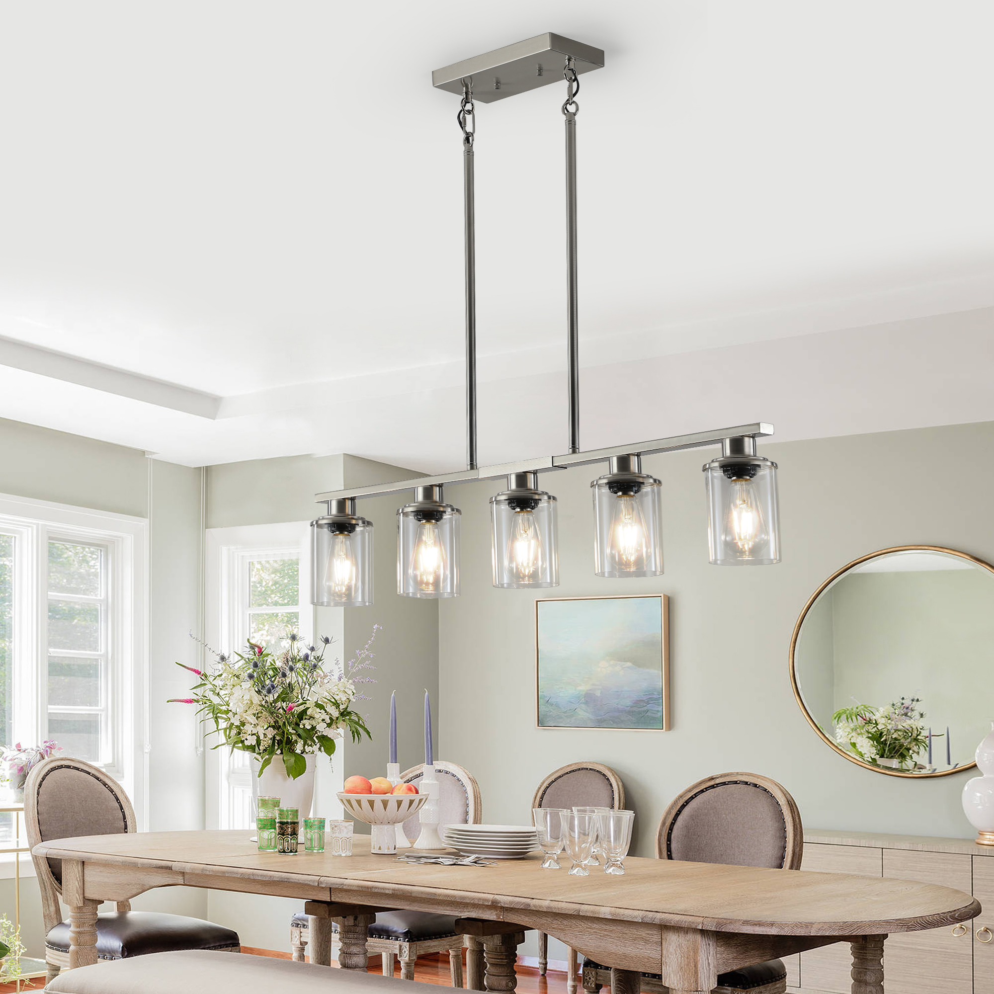 37″ Brushed Nickel 5-Light Chandelier – Contemporary Kitchen Island Pendant Light with Clear Glass Shades for Dining Room, Farmhouse, or Modern Decor (No Bulbs)