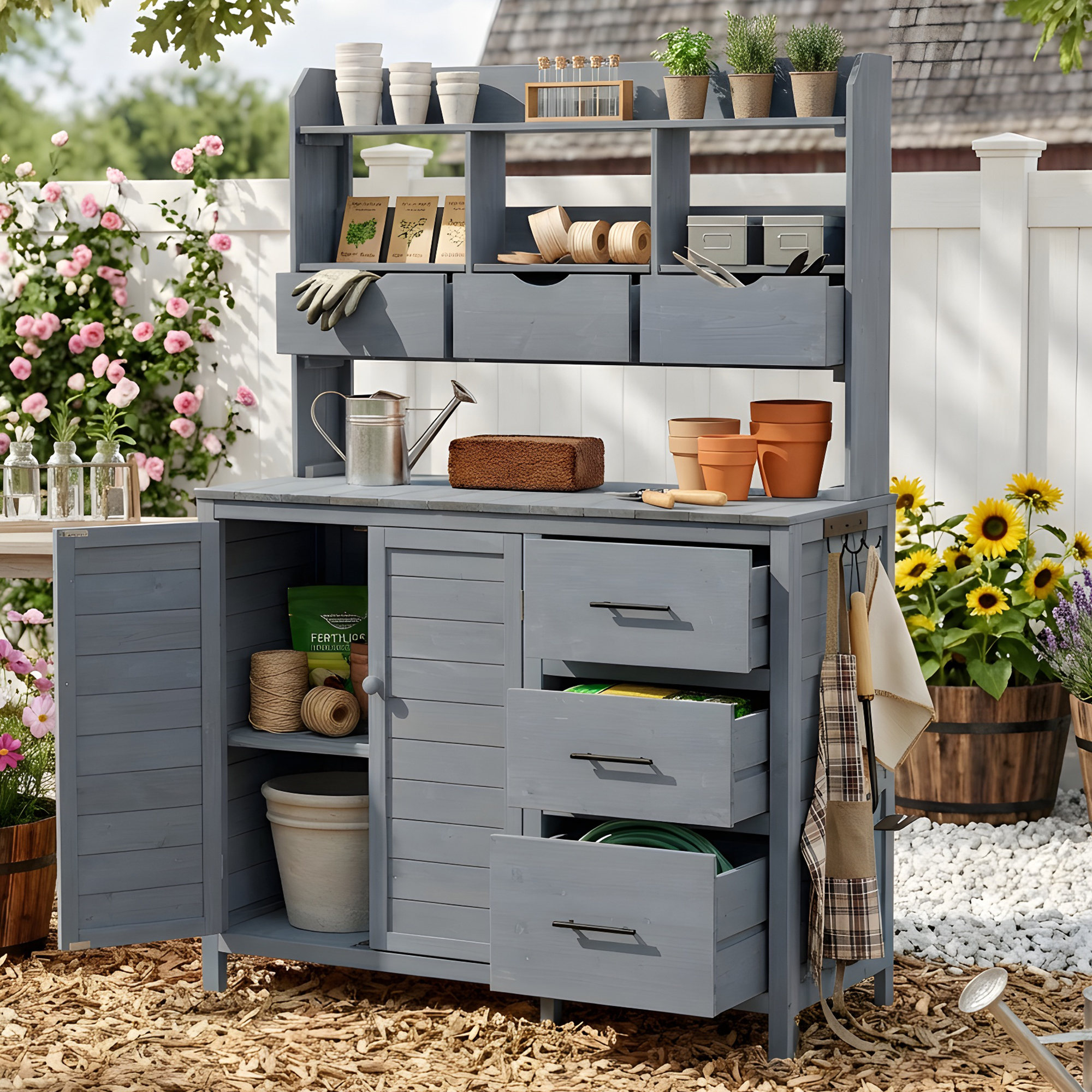 (With Assembly Video) TOPMAX Farmhouse Patio Potting Bench, 44.6”x19.5” Large Freestanding Garden Workstation with 6 Drawers, Bottom Cabinet and Side Hook, Outdoor Kitchen Island, Gray