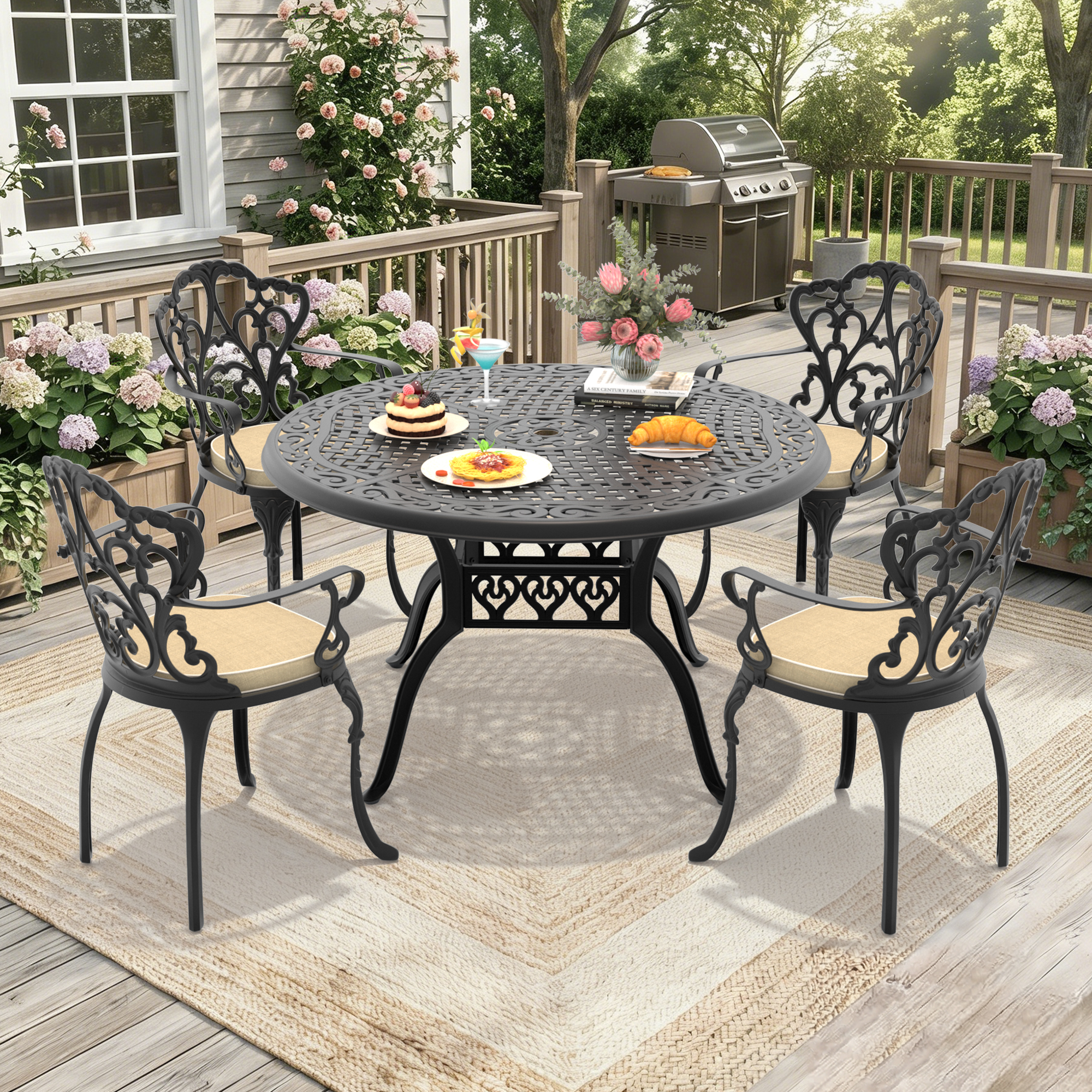 5-Piece Set Of Cast Aluminum Patio Furniture With Off-white Seat Cushions(same as W1710S00553)