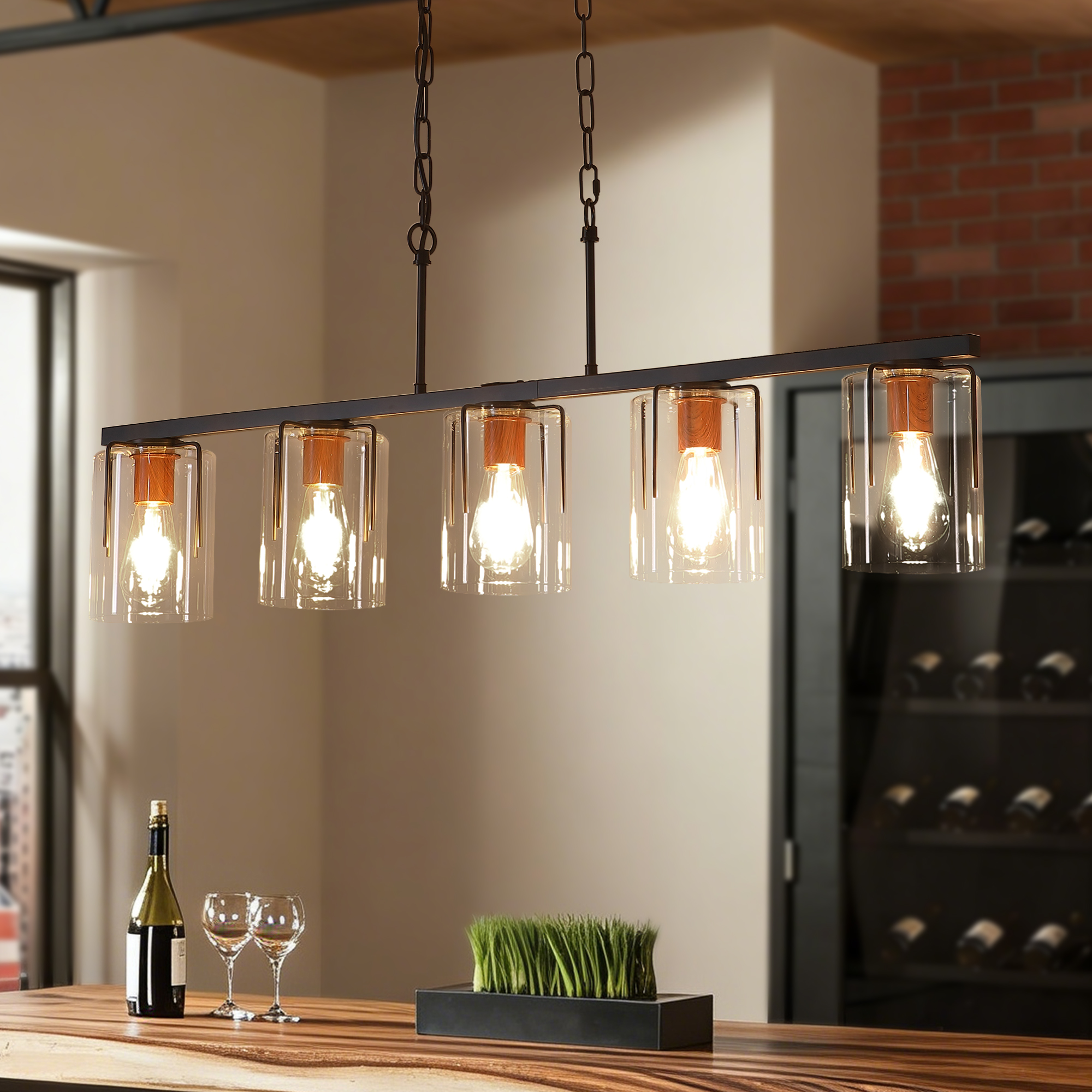 5-Light Linear Chandelier, Industrial Kitchen Island Lighting with Adjustable Height, Clear Glass Shades & Wood Grain Accent, E26 Base, Modern Farmhouse Dining Room Light Fixture for Living Room