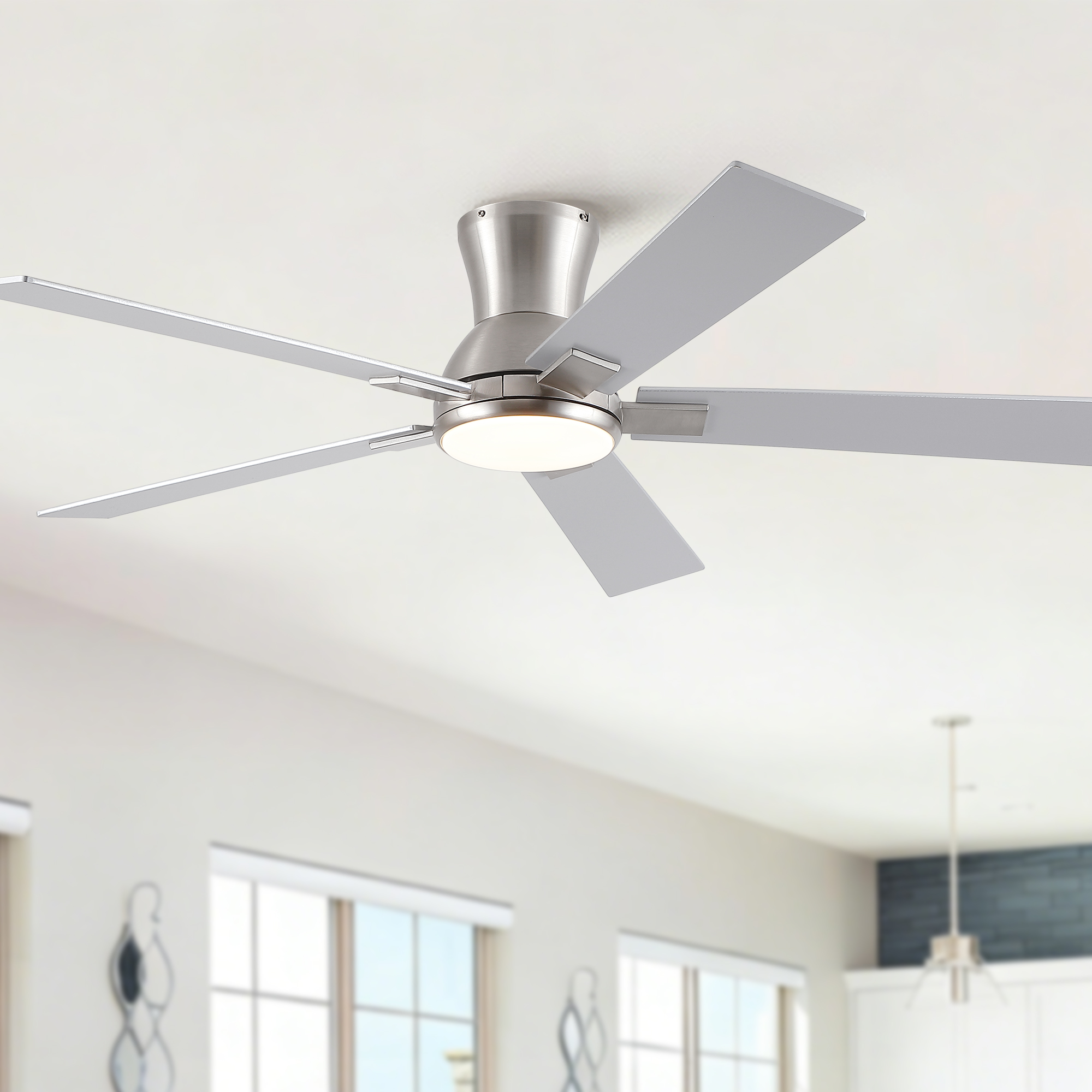52″ Modern Brushed Nickel Finish Reversible Quiet Motor Ceiling Fan with Light and Remote Control