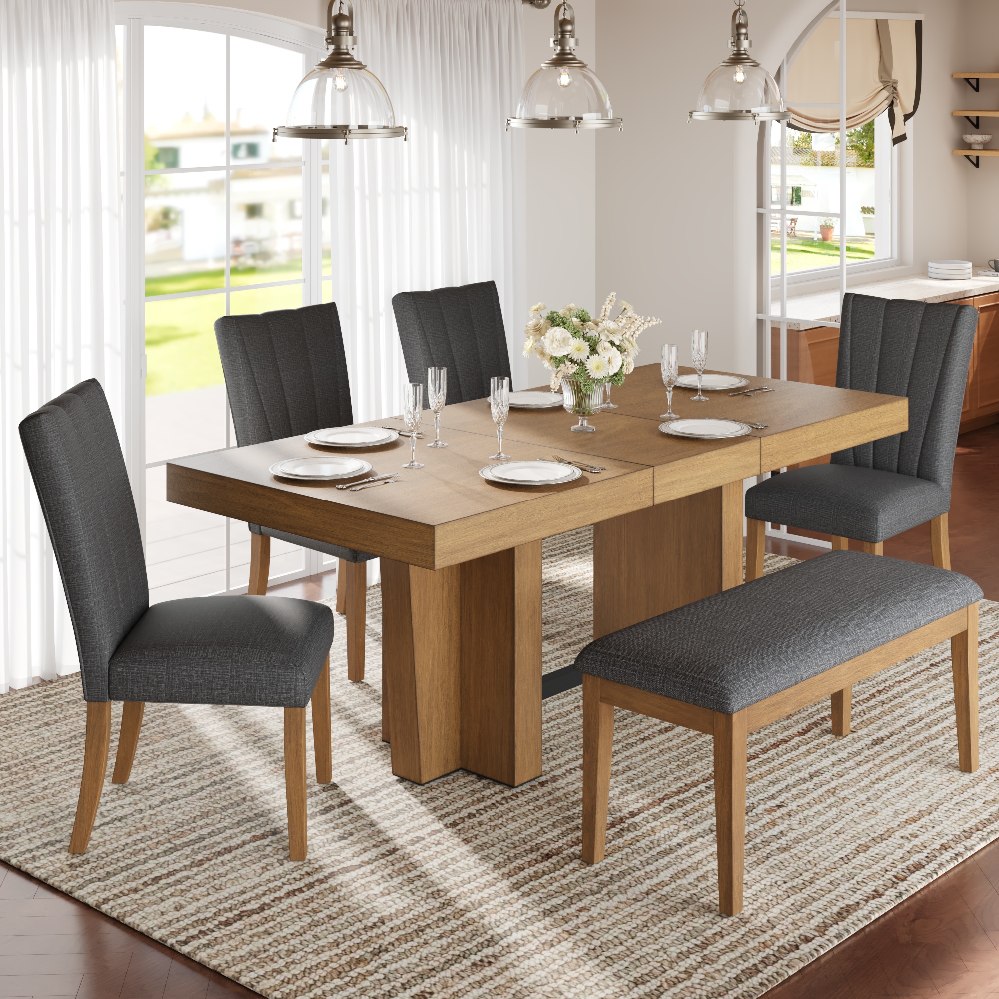 TOPMAX Farmhouse 78.1inch Extendable Wood Dining Table Set for 6, Kitchen Table Set with Bench and 4 Upholstered Chairs,3.8inch Thick Tabletop and Trestle Legs for Kitchen, Dining Room, Brown+Gray