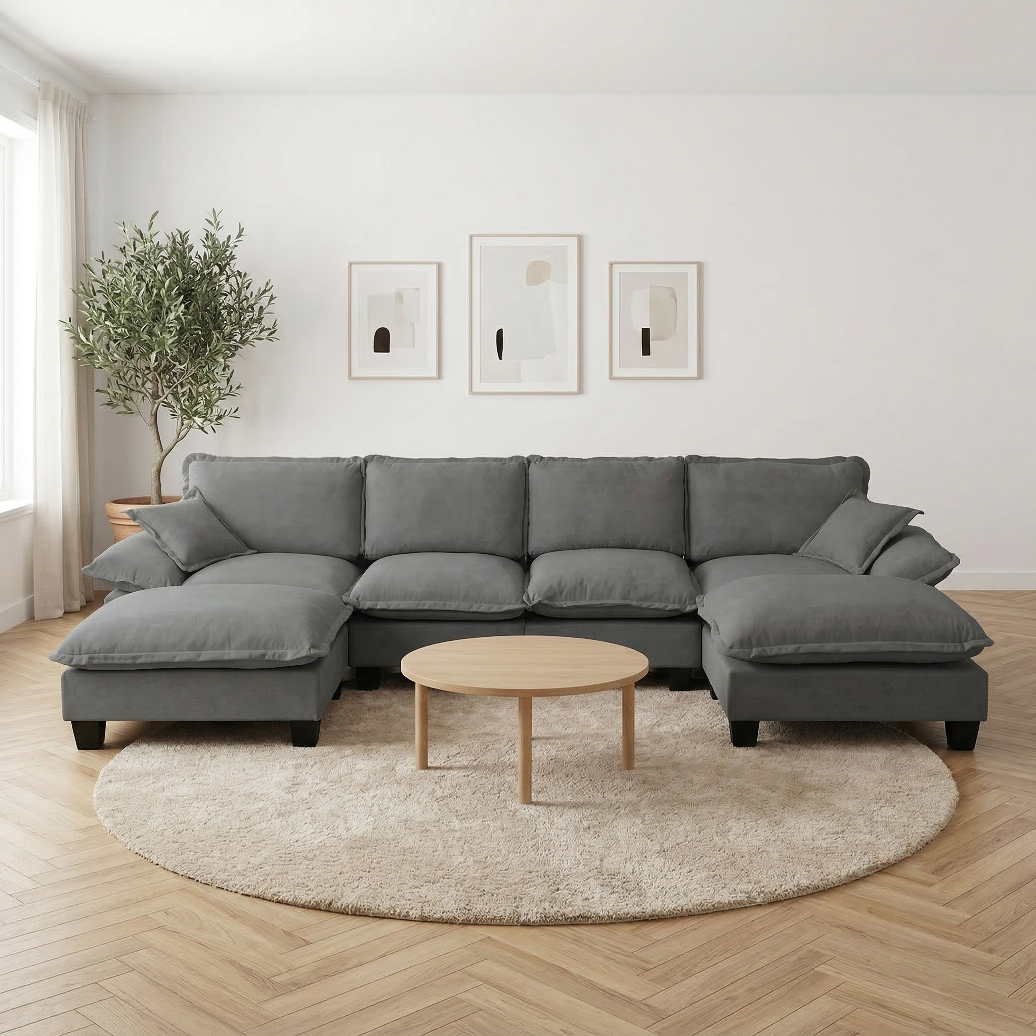 Modular Sectional Sofa, U-Shape Cloud Couch with Sailboat Design, 6-Seater Comfy Chenille Fabric Sofa with Movable Ottomans for Living Room Apartment, Grey