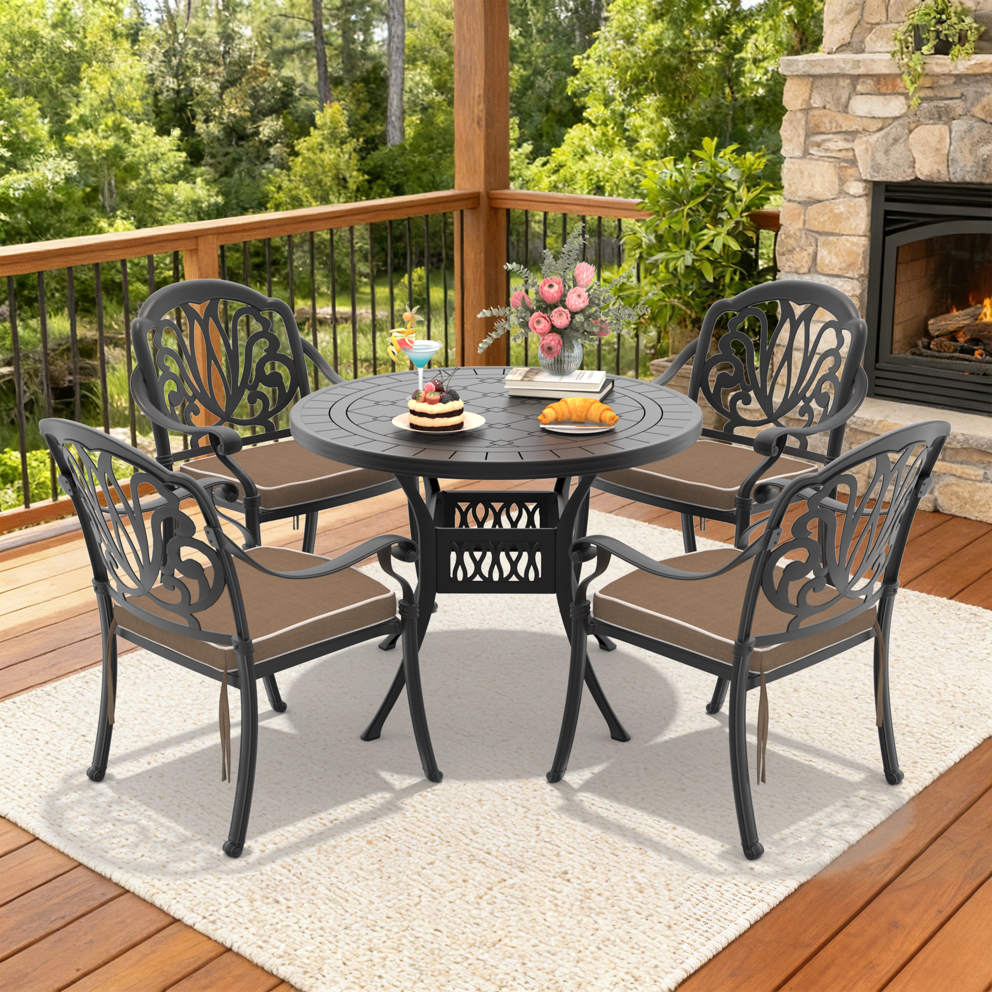 5-Piece Set Of Cast Aluminum Patio Furniture With Brown Cushions(same as W1710S00549)