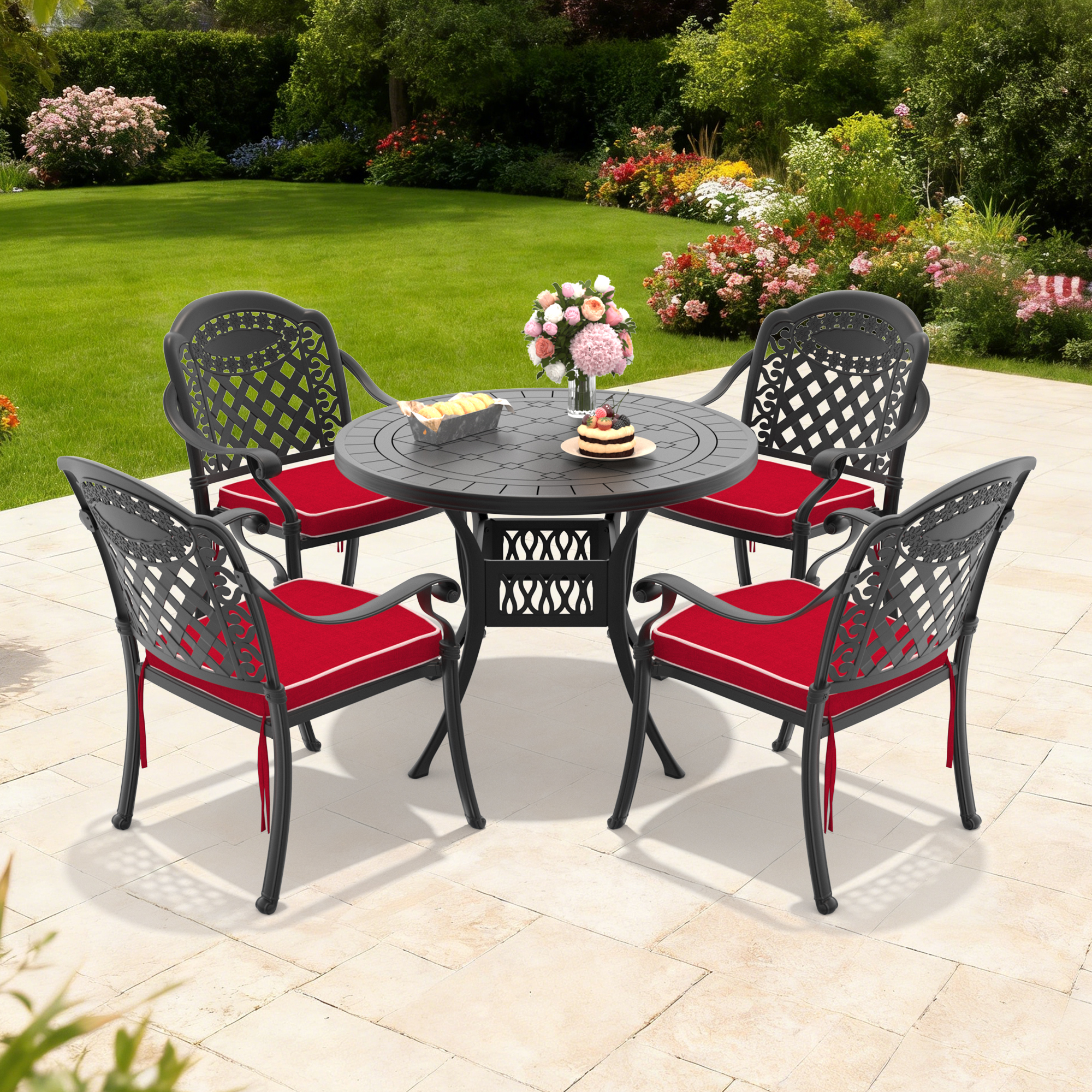 5-Piece Set Of Cast Aluminum Patio Furniture With Black Frame and Red Seat Cushions