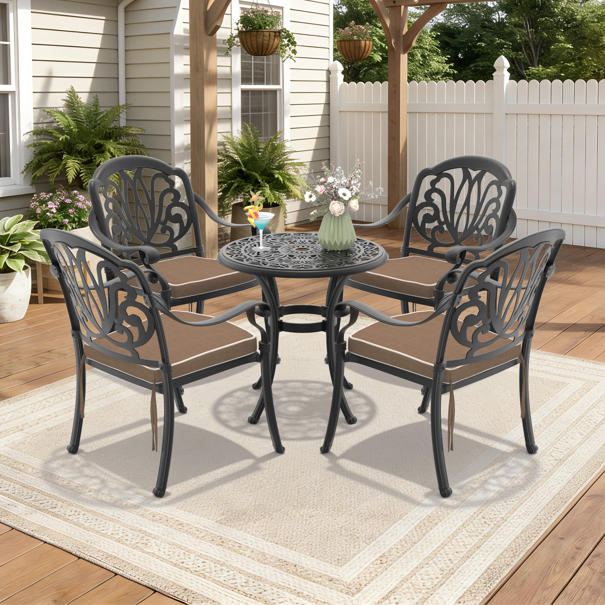 5-Piece Set Of Cast Aluminum Patio Furniture  With Black Frame and Brown Seat Cushions(same as W1710S00536)