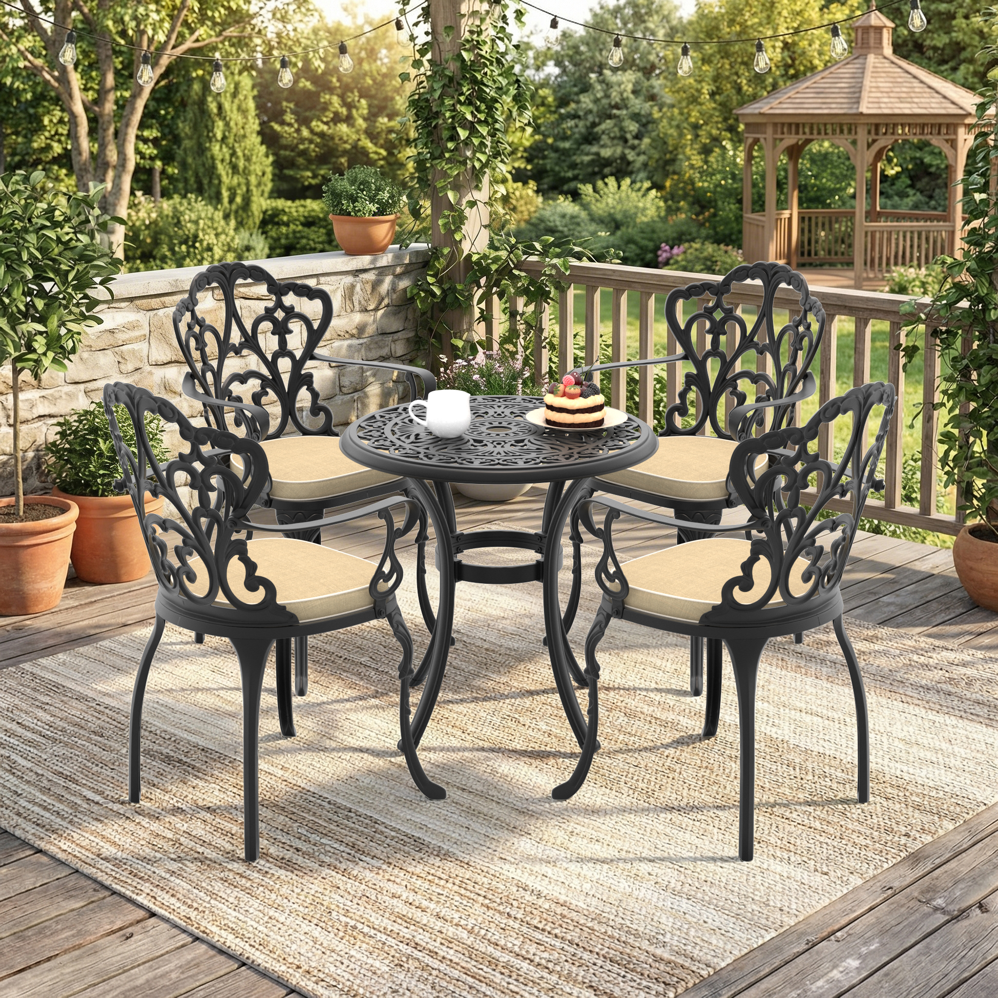 5-Piece Set Of Cast Aluminum Patio Furniture  With Black Frame and  Off-white Seat Cushions(same as W1710S00538)