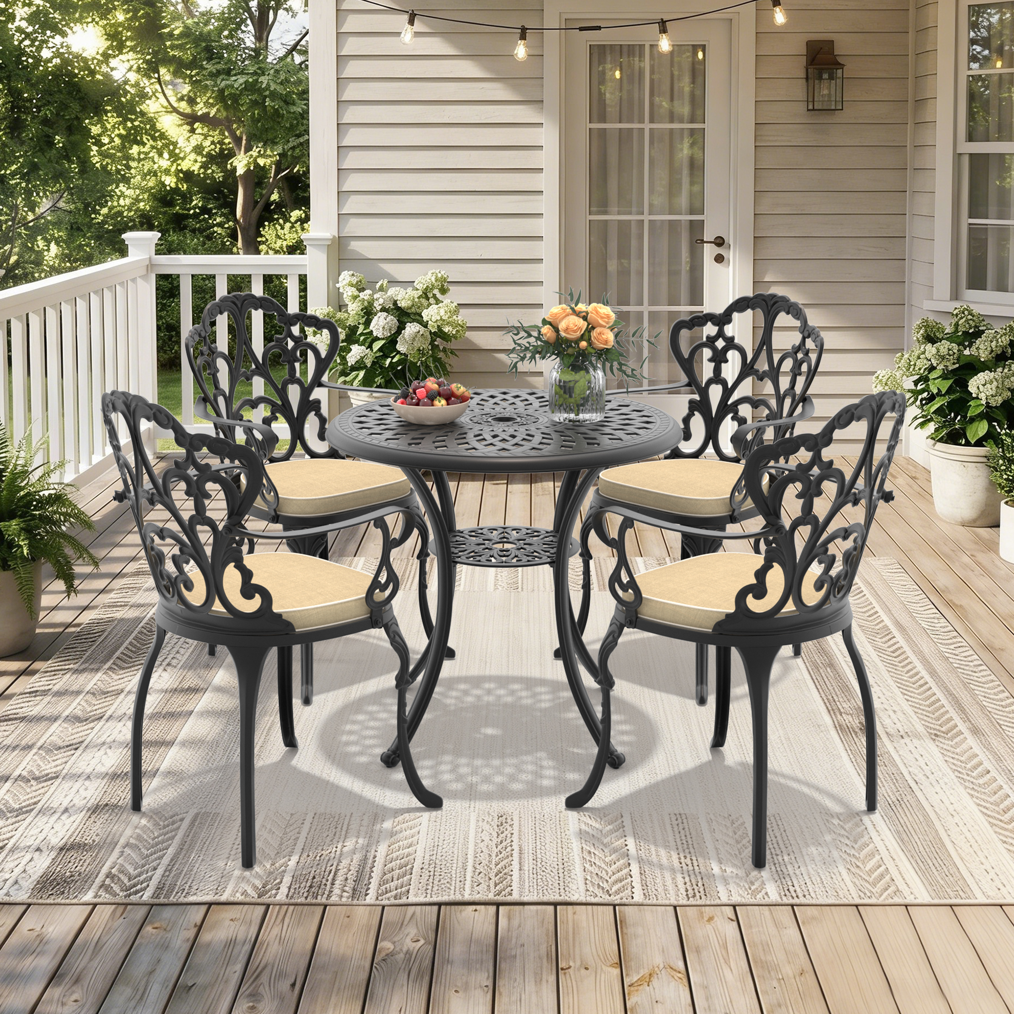 5-Piece Set Of Cast Aluminum Patio Furniture With Black Frame and Off-white Seat Cushions(same sku: W1710S00048)