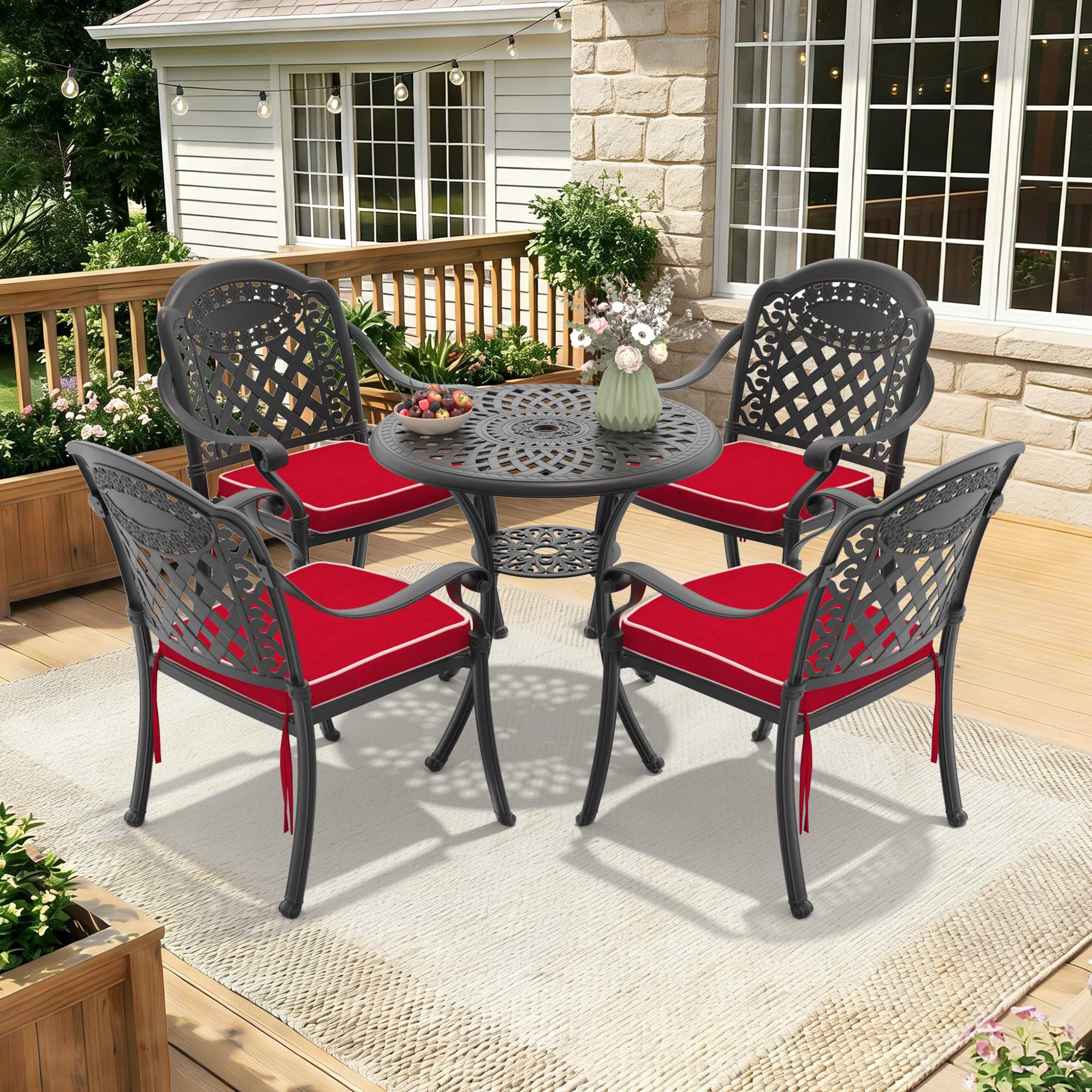 5-Piece Set Of Cast Aluminum Patio Furniture With Red Cushions(same as W1710S00620)
