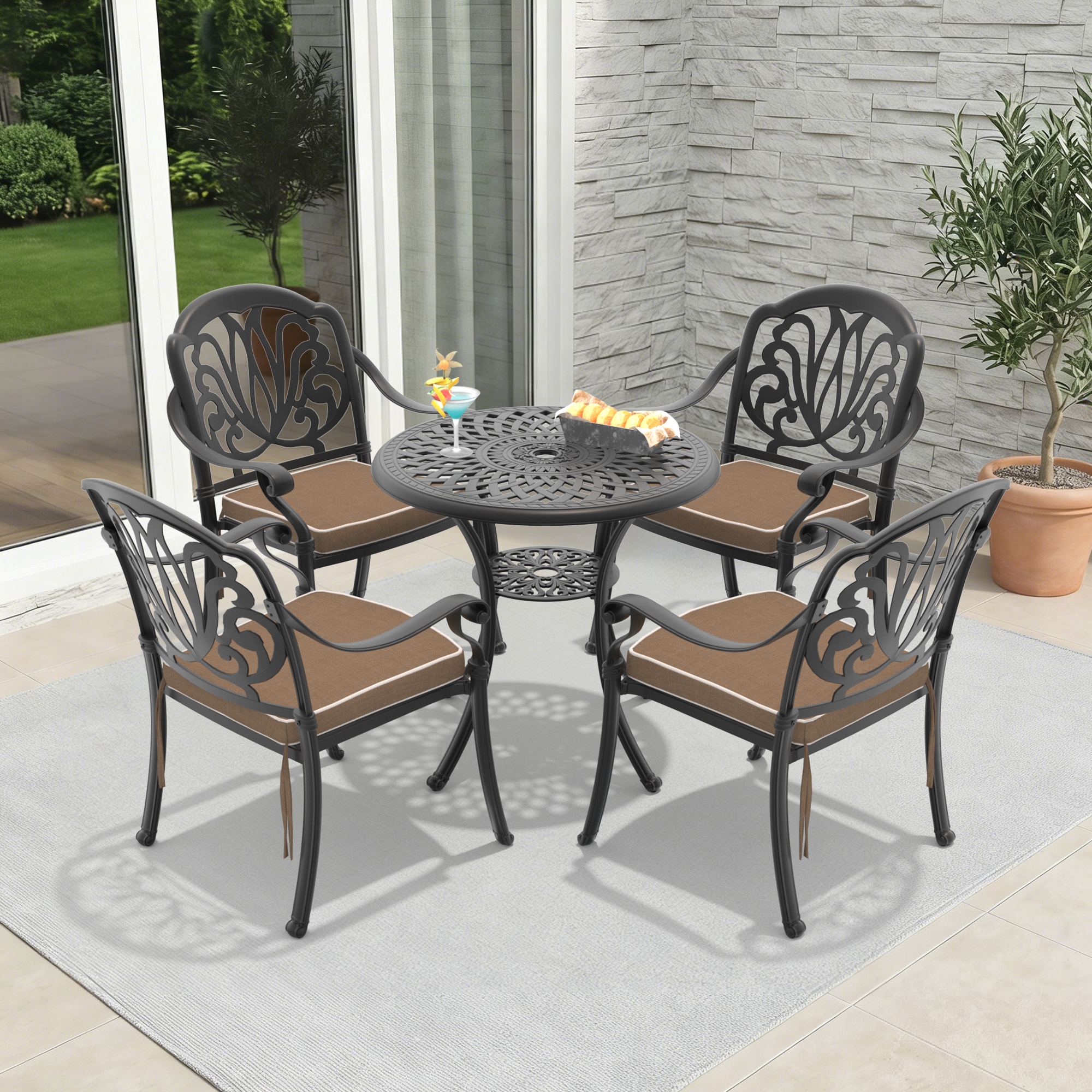5-Piece Set Of Cast Aluminum Patio Furniture With Brown Cushions(same as W1710S00539)