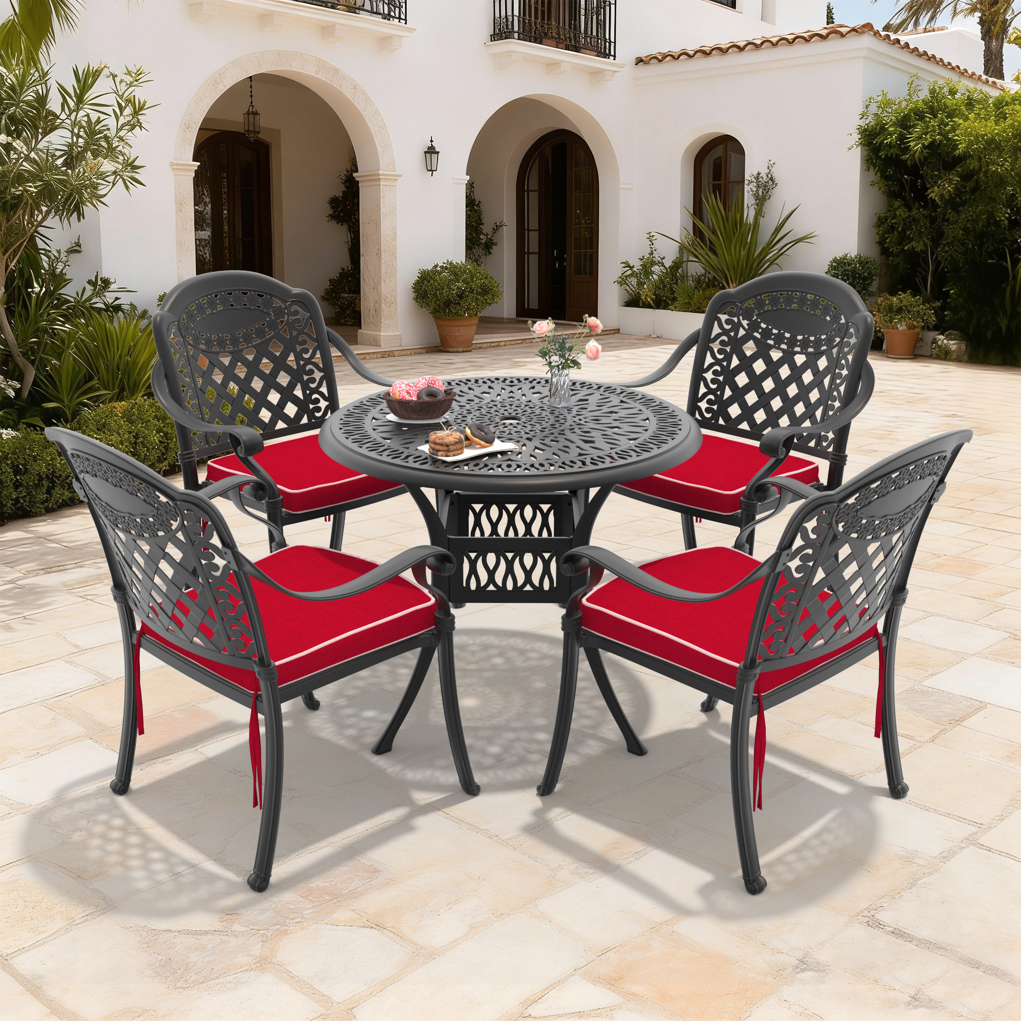 5-Piece Set Of Cast Aluminum Patio Furniture With Red Cushions(same as W1710S00615)