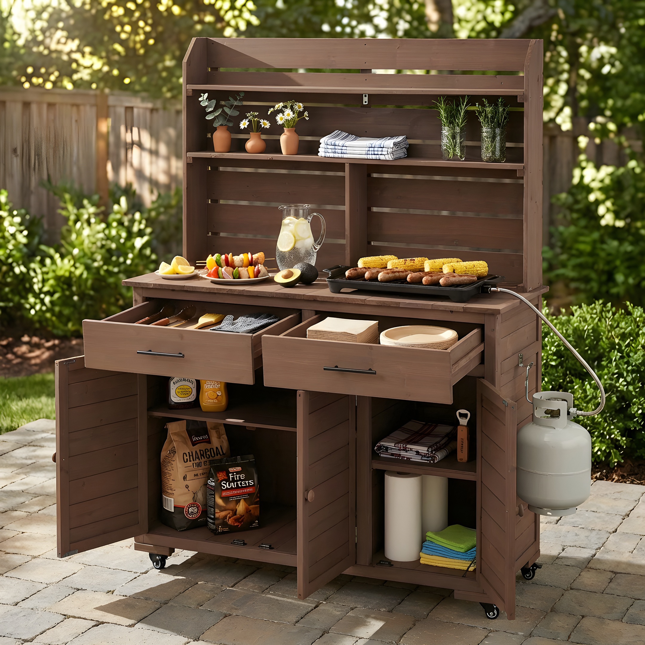 (Assembly Video) TOPMAX 65”H Large Garden Potting Bench with Lockable Wheels and Storage Cabinet, Wood Outdoor Kitchen Island Prep Cart with Hutch Top, Drawers and Removal Shelves for Grilling, Brown