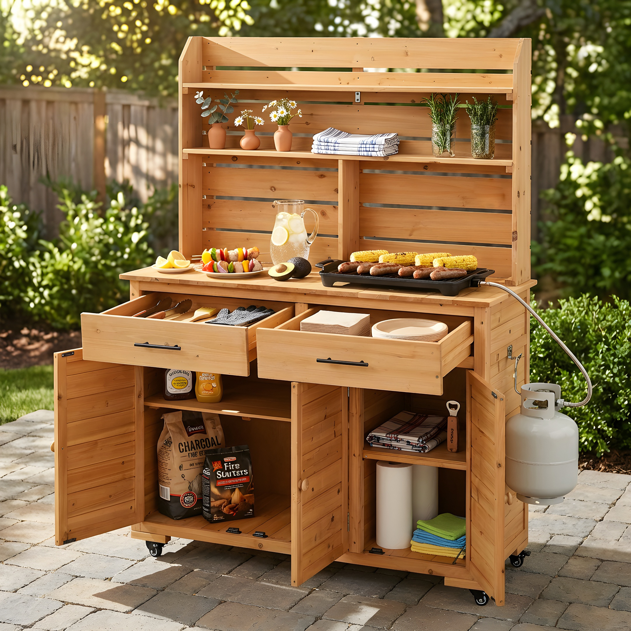 Assembly Video-TOPMAX 65”H Large Garden Potting Bench with Lockable Wheel and Storage Cabinet, Wood Outdoor Kitchen Island Prep Cart with Hutch Top, Drawers and Removal Shelves for Grilling, Natural