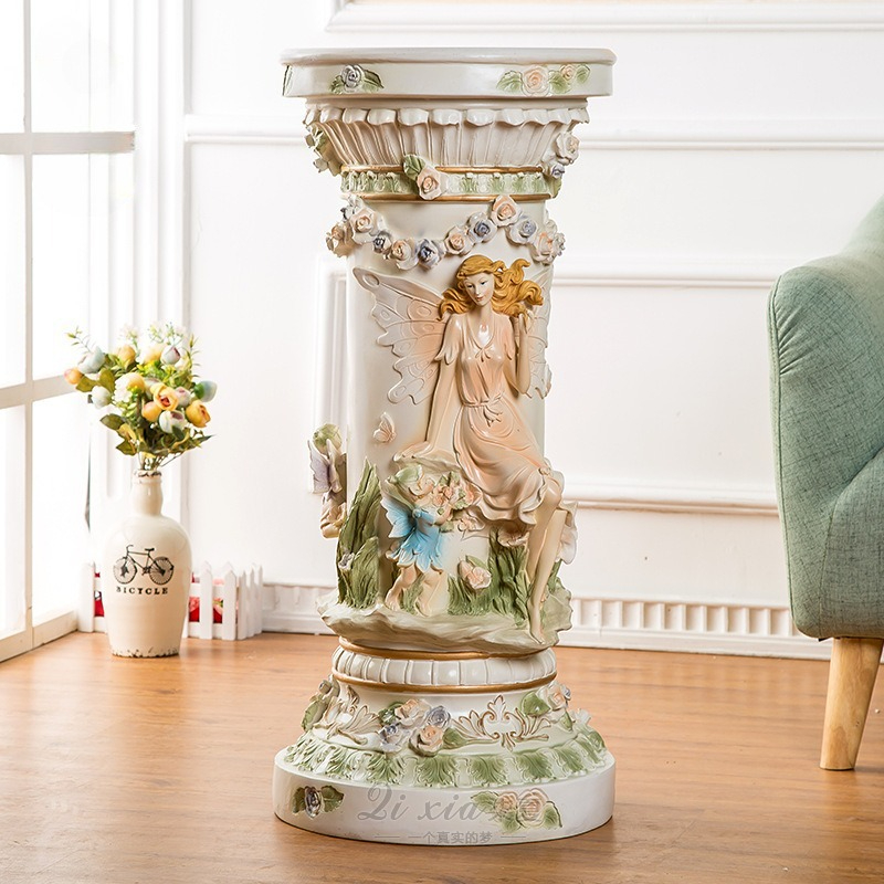 33″ Luxury Vintage Roman Column Pedestal, Resin Pillar with Fairy & Floral Relief, Elegant Display Stand for Living Room, Entryway & Home Aesthetic Decor