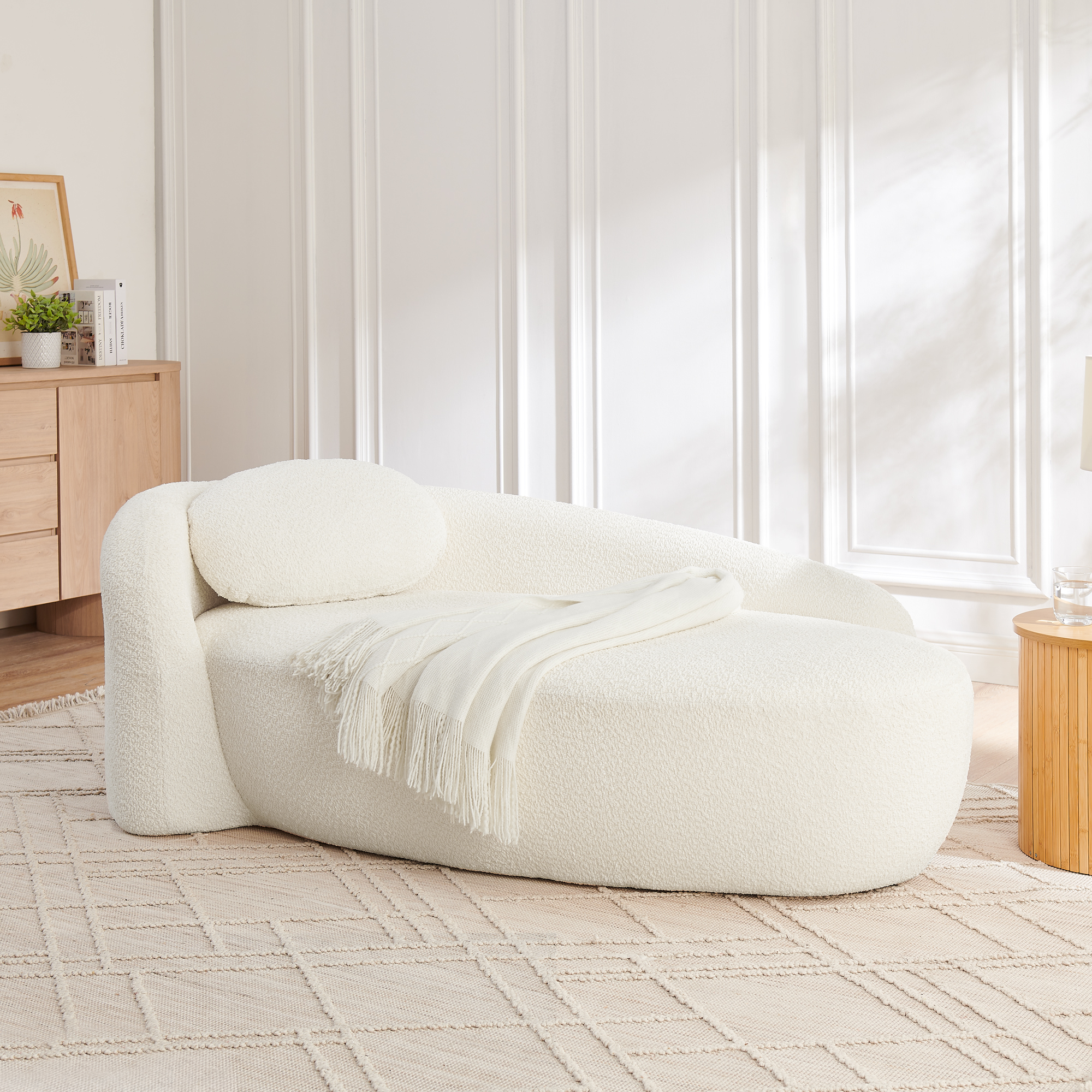 Modern Oval Single Lazy Sofa Chair with Integrated Backrest, Side Armrest and Pillow, Compact Space-Saving Lounge Chair for Living Room Bedroom-Beige