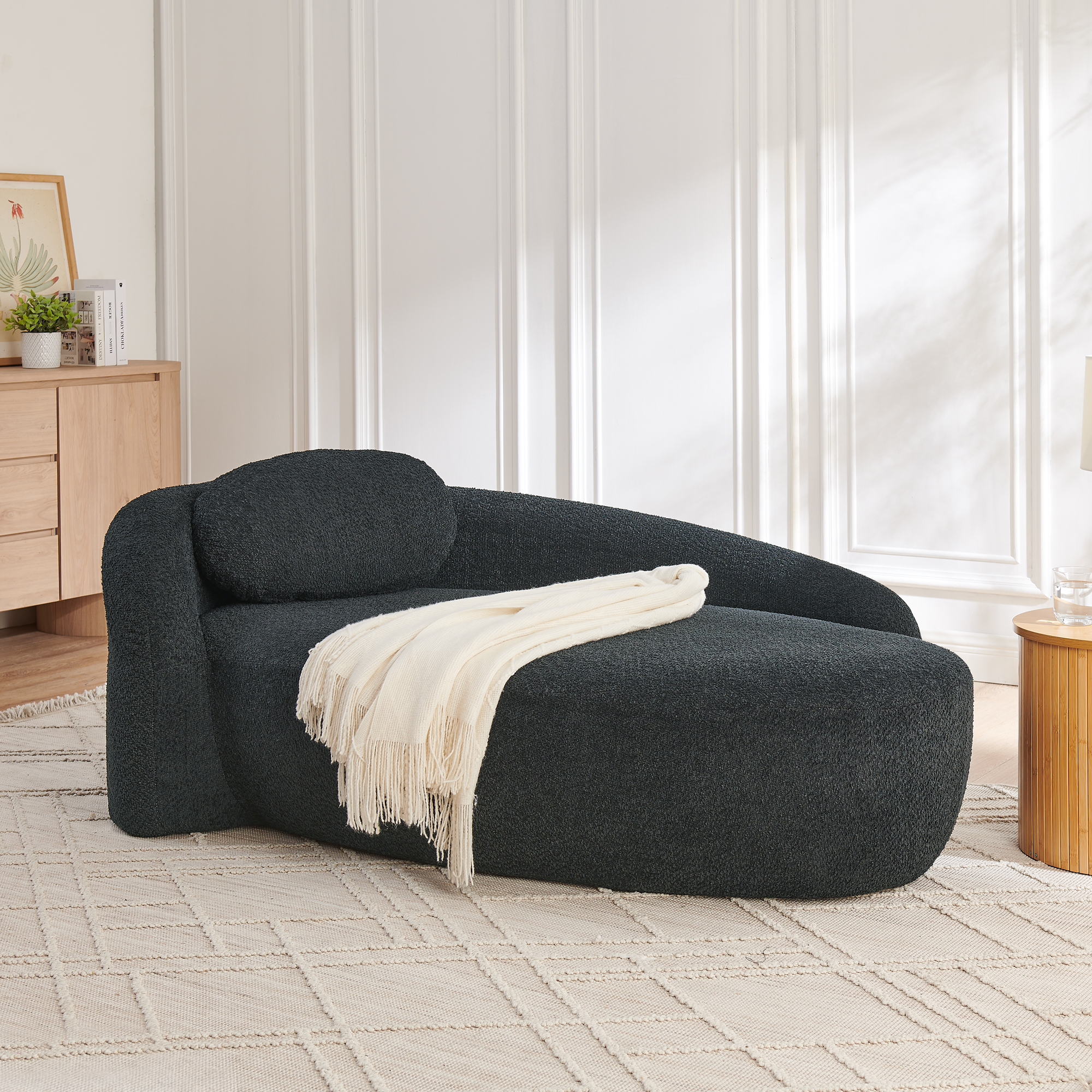 Modern Oval Single Lazy Sofa Chair with Integrated Backrest, Side Armrest and Pillow, Compact Space-Saving Lounge Chair for Living Room Bedroom-Black