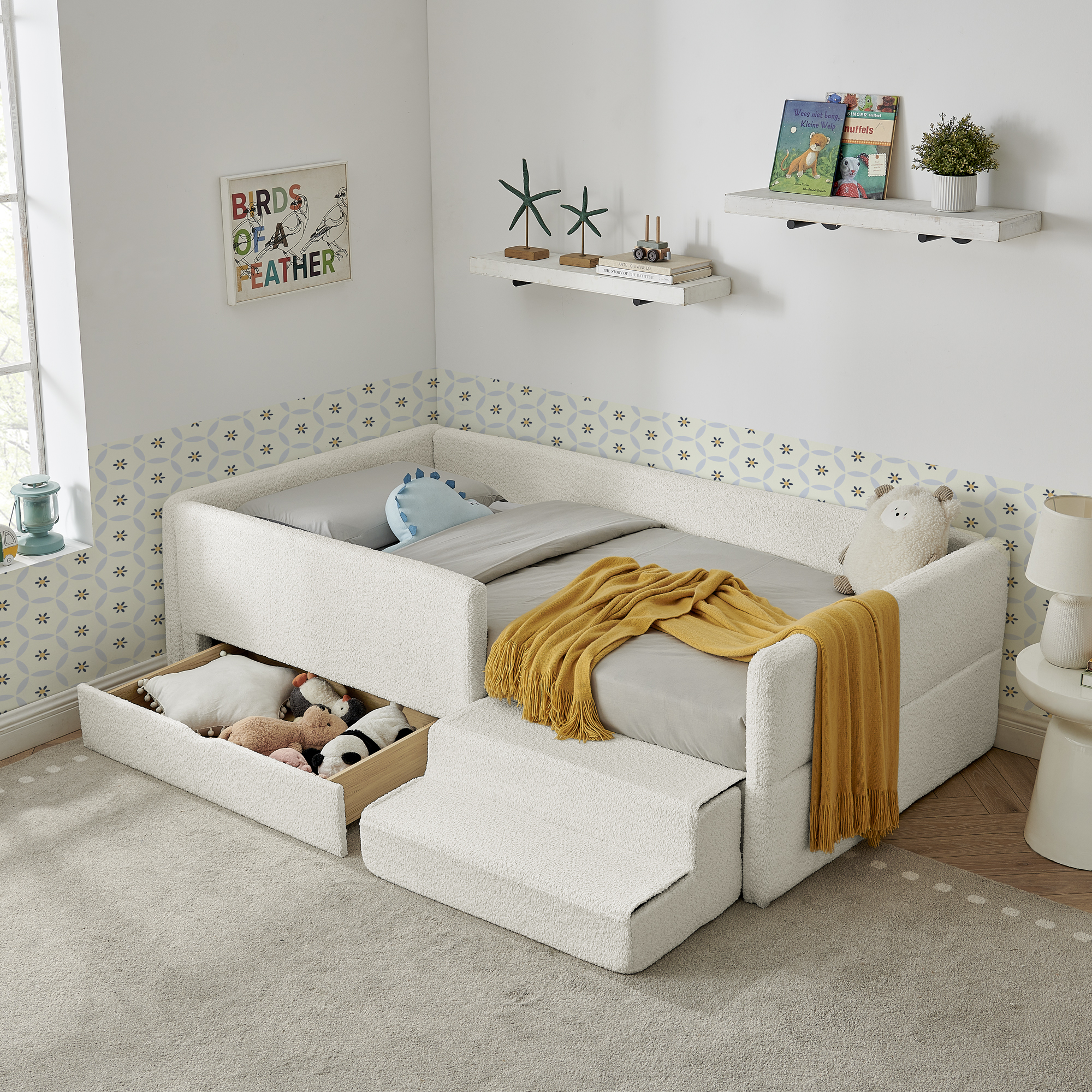 Twin Size Safe Cozy Multi-Functional Kids Bed with Guardrails and Storage, Bed with Safety Step Stool, Boucle Fabric (80.5”x44.5”x23”)