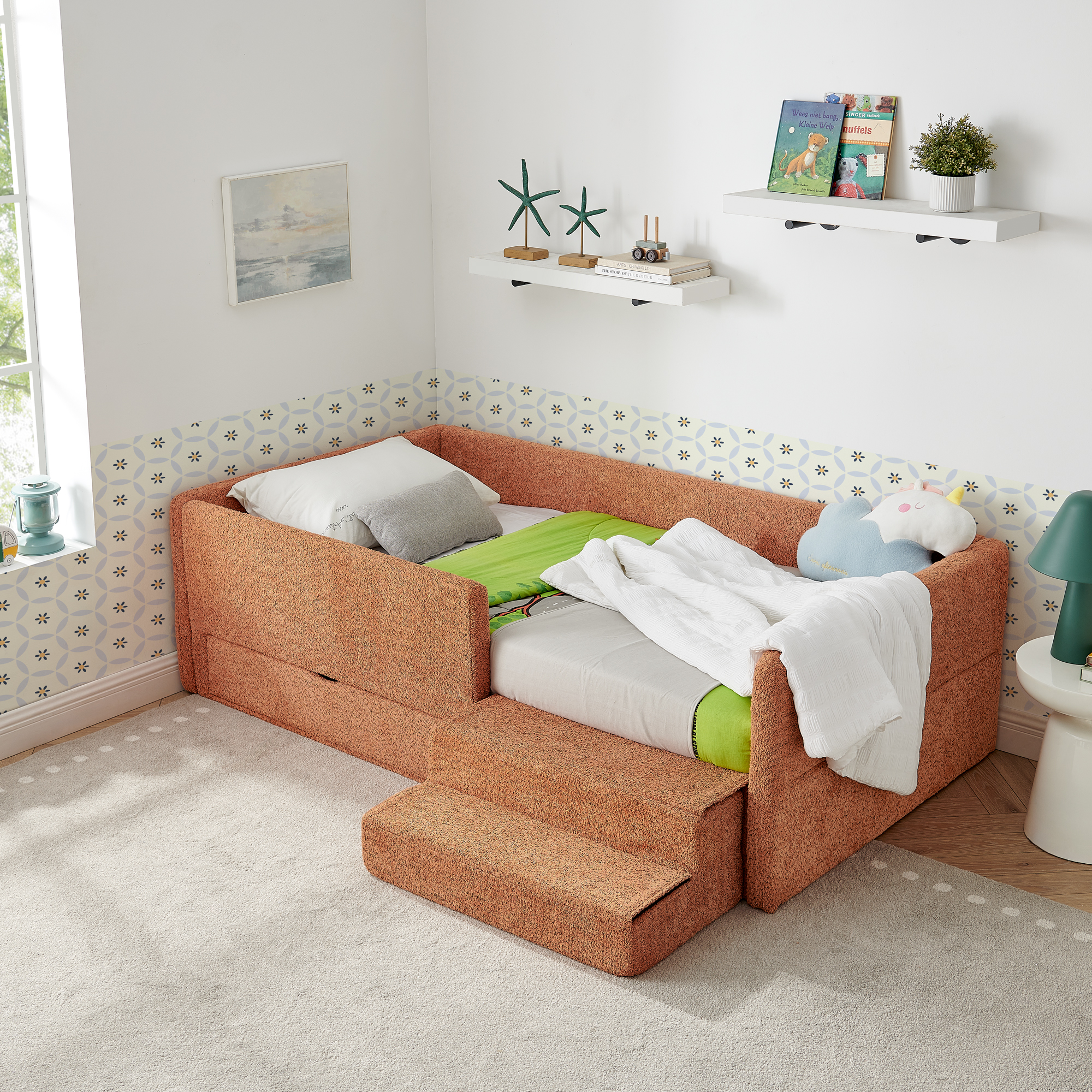 Twin Size Safe Cozy Multi-Functional Kids Bed with Guardrails and Storage, Bed with Safety Step Stool, Boucle Fabric (80.5”x44.5”x23”)