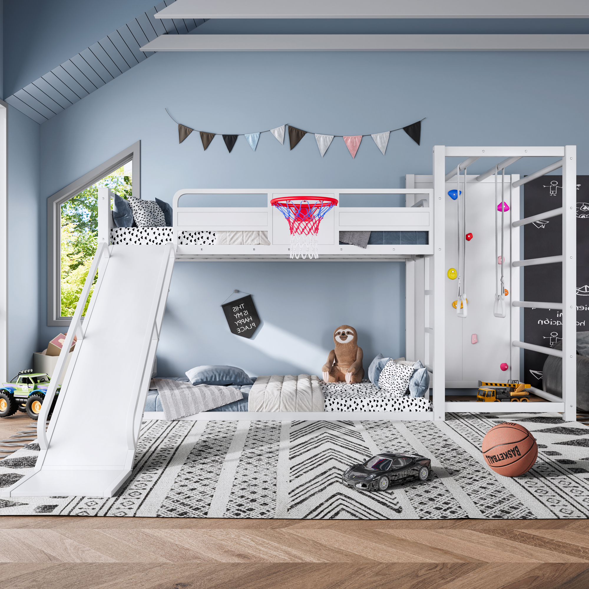 Twin size metal loft/bunk bed with basketball hoop, pull-up rings, climbing wall, and built-in bookshelves. Playful children’s design featuring a slide,White