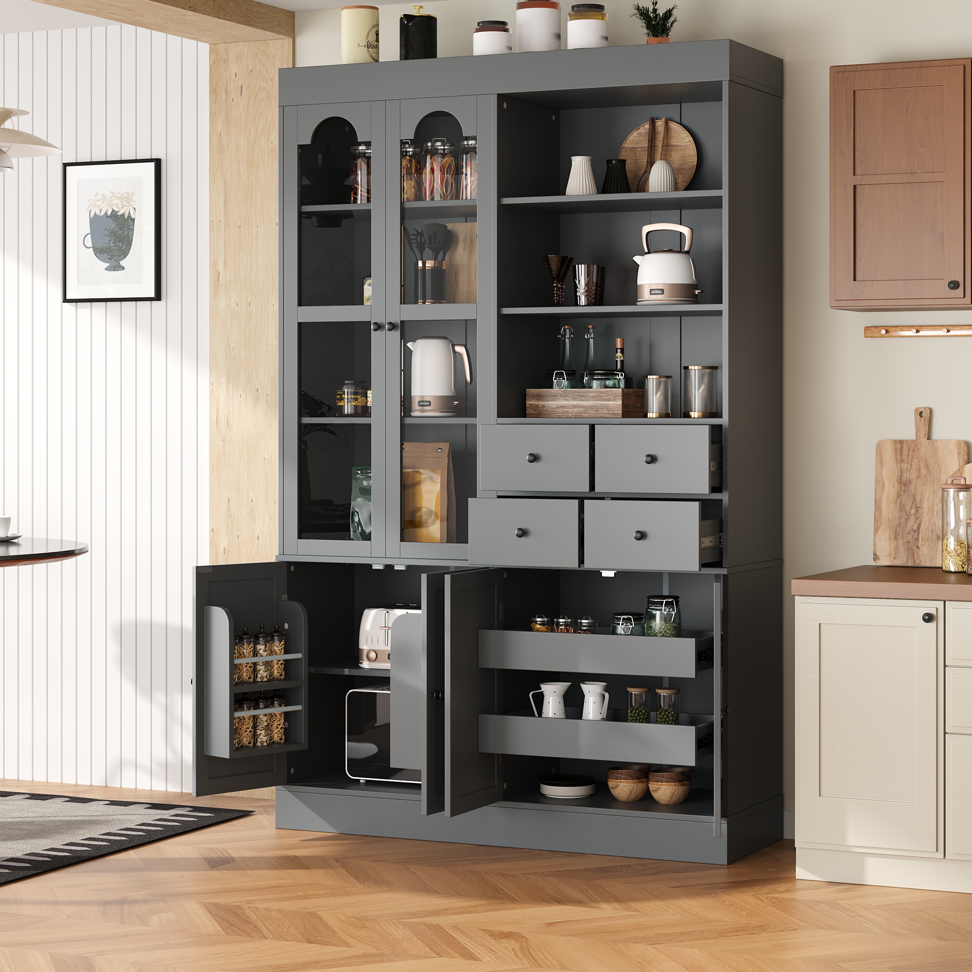 [Assembly Video Provided] TOPMAX 47.2×15.7x75inch Freestanding Buffet with Hutch, Tall Kitchen Pantry Cabinet with 4 Drawers, Door Shelves and Pull-out Trays for Dining room, Living Room, Gray