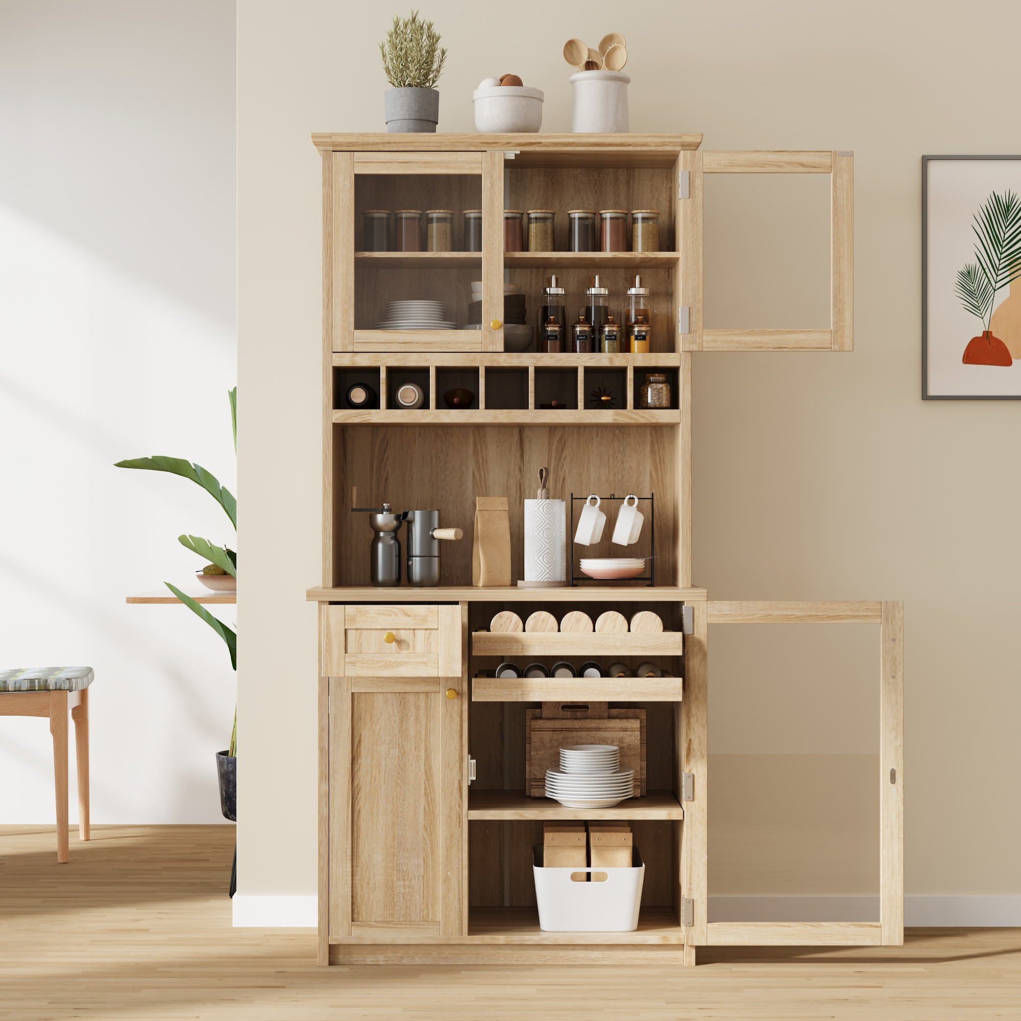 [Assembly Video Provided] TOPMAX Farmhouse 35.4×17.7×74.8inch Freestanding Buffet with Hutch, Tall Kitchen Pantry Storage Cabinet with Wine Rack and Adjustable Shelves for Dining Room, Natural