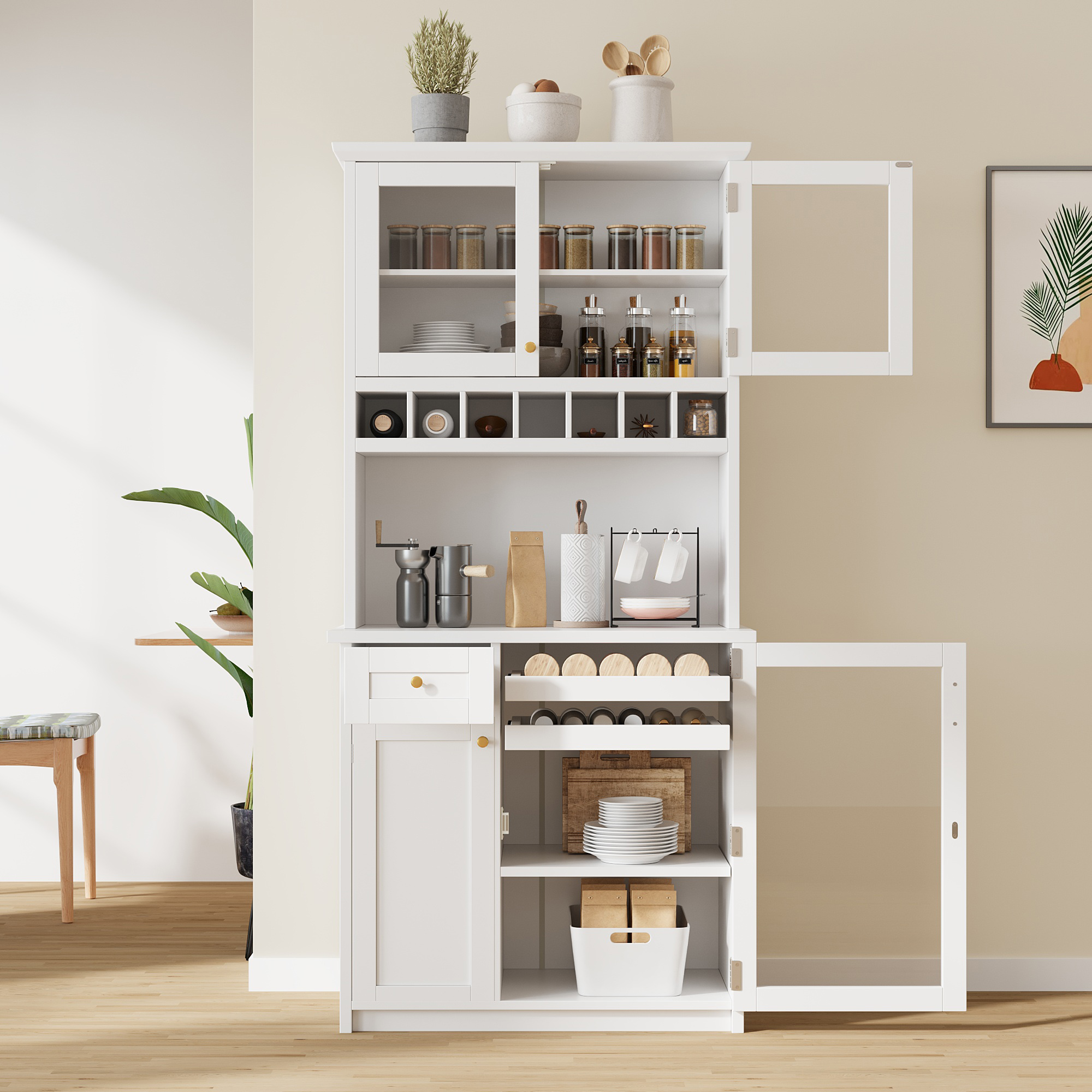 [Assembly Video Provided] TOPMAX Farmhouse 35.4×17.7×74.8inch Freestanding Buffet with Hutch, Tall Kitchen Pantry Storage Cabinet with Wine Rack and Adjustable Shelves for Dining Room, White
