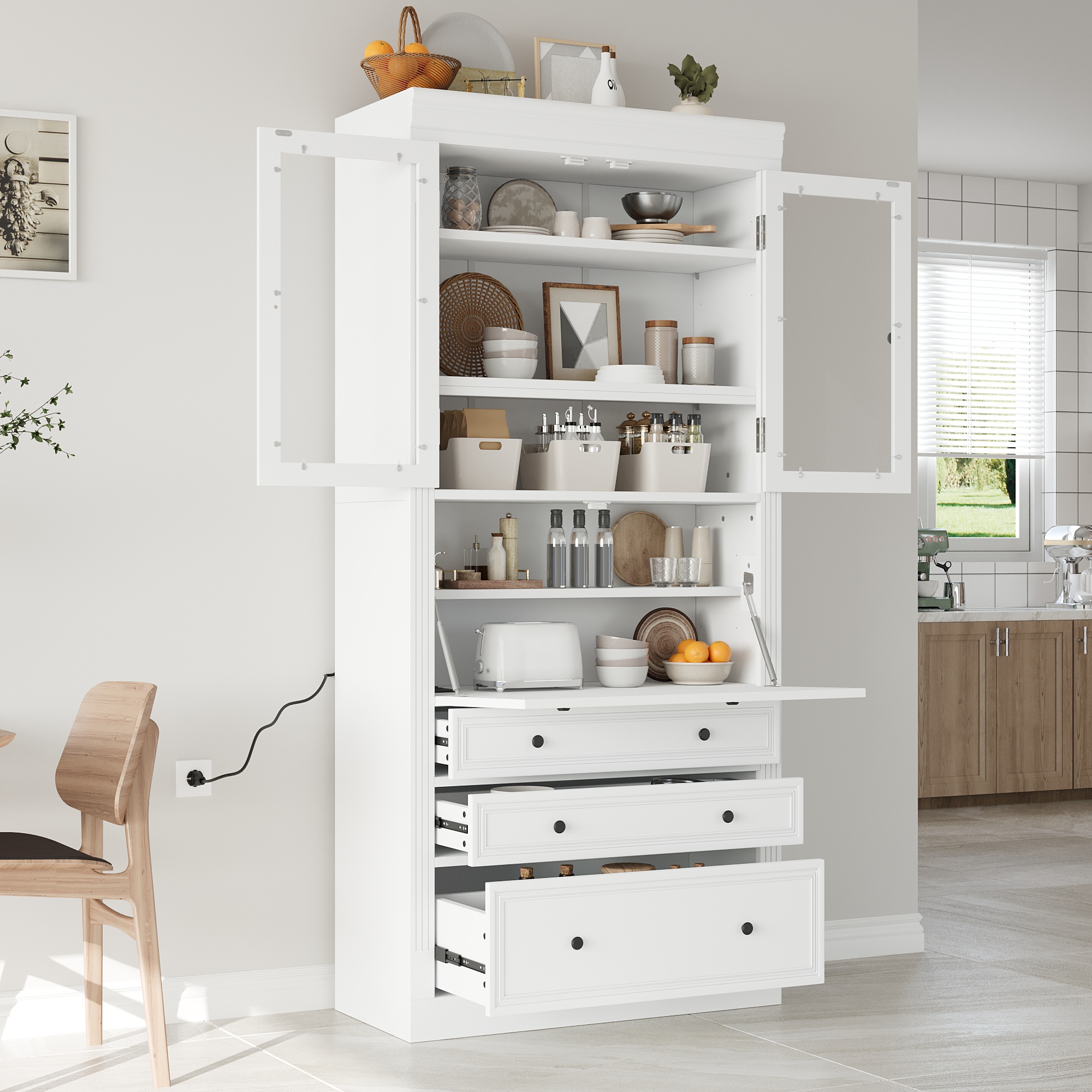 [Assembly Video Provided] TOPMAX 36×16.5x78inch Freestanding Kitchen Pantry Storage Cabinet,Multifunctional Cupboard with 3 Drawers,Adjustable Shelves and Power Outlet for Dining and Living Room,White