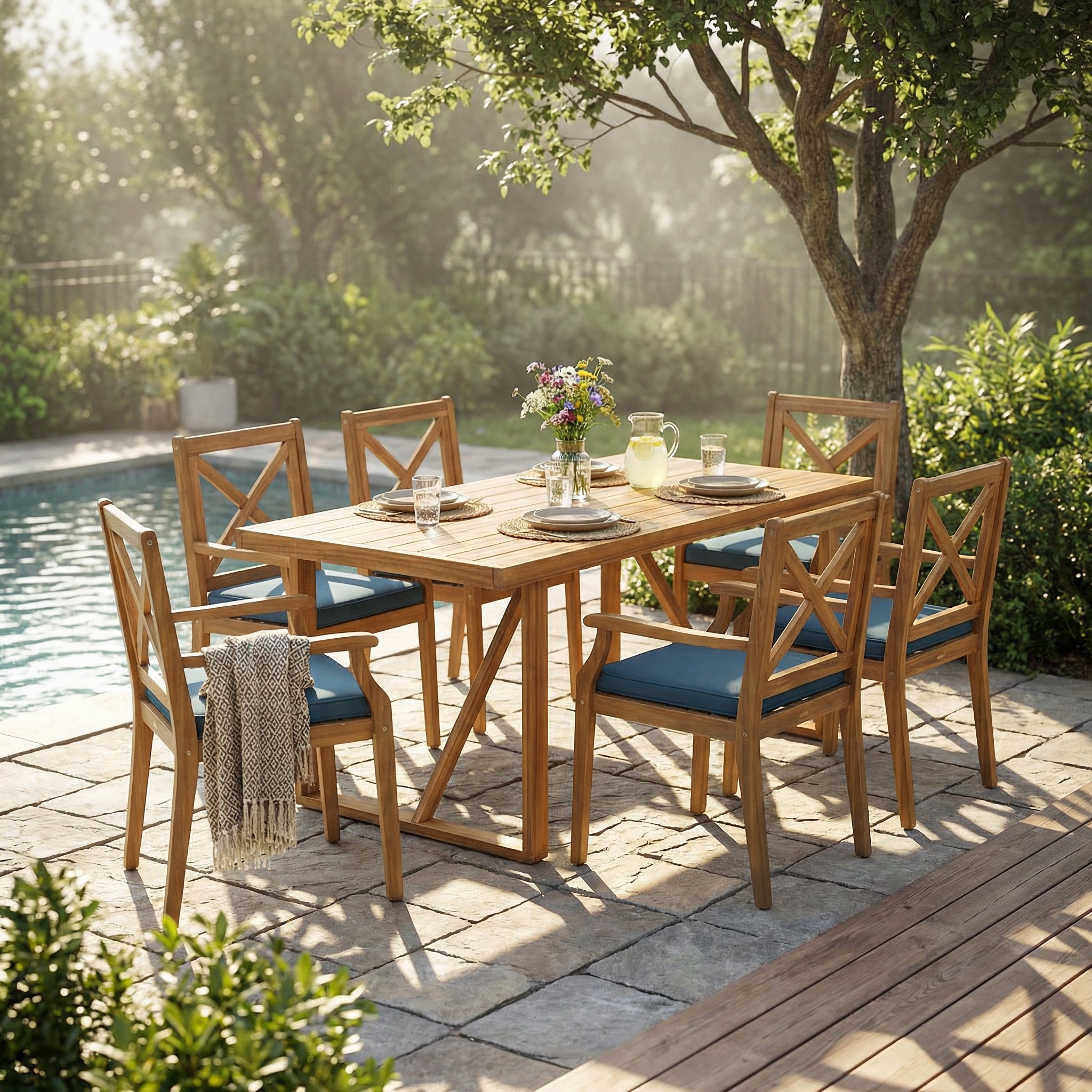 7 Pieces Acacia Wood Outdoor Dining Set with Blue Cushions,Modern 6 Chairs  1 Large Table,Dining Furniture Set for Lawn, Backyard, Garden Deck,Poolside,Teak