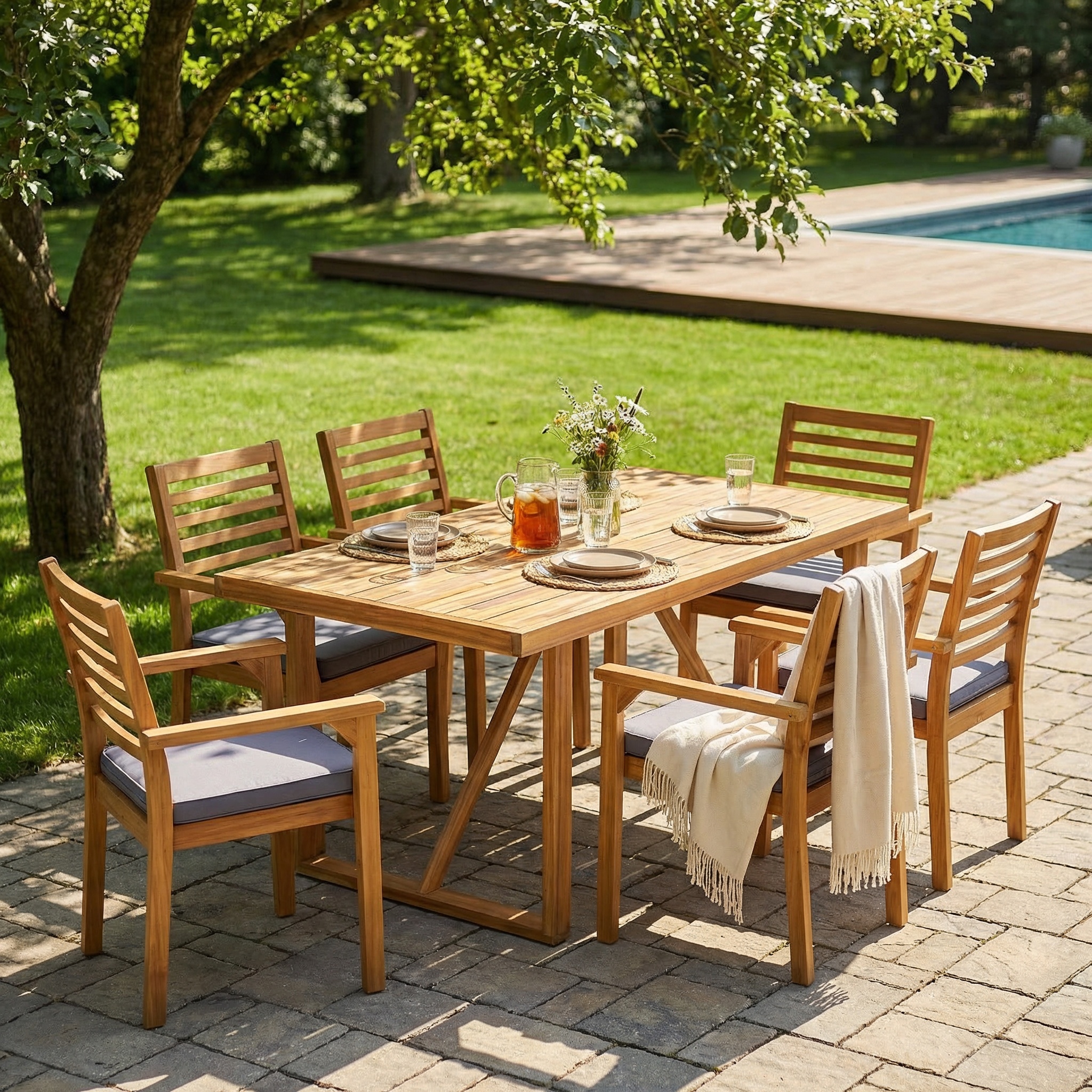 7 Pieces Acacia Wood Outdoor Dining Set s,Modern 6 Chairs  1 Large Table,Dining Furniture Set for Lawn, Backyard, Garden Deck,Poolside,Teak