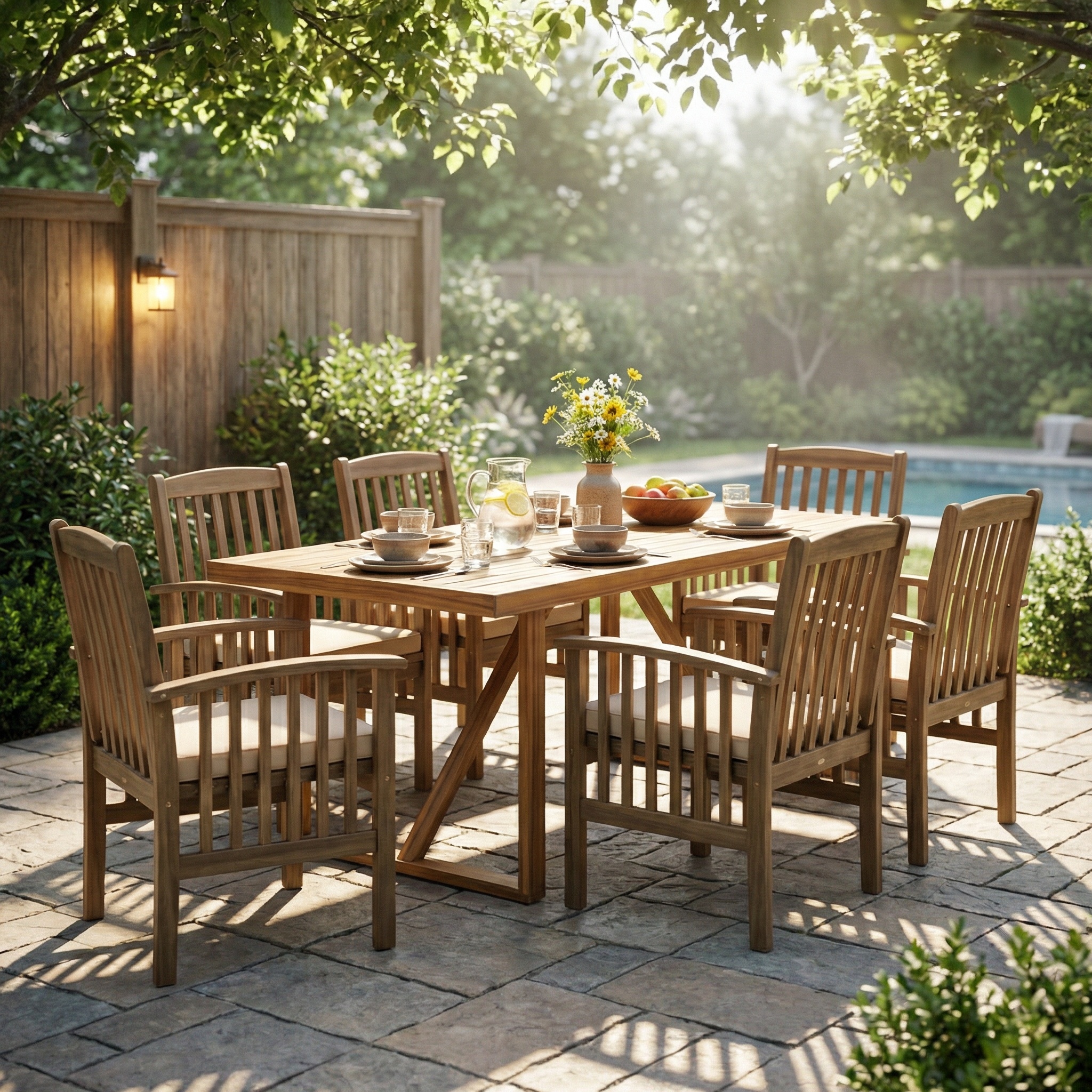 7 Pieces Acacia Wood Outdoor Dining Set s,Modern 6 Chairs  1 Large Table,Dining Furniture Set for Lawn, Backyard, Garden Deck,Poolside,Grey
