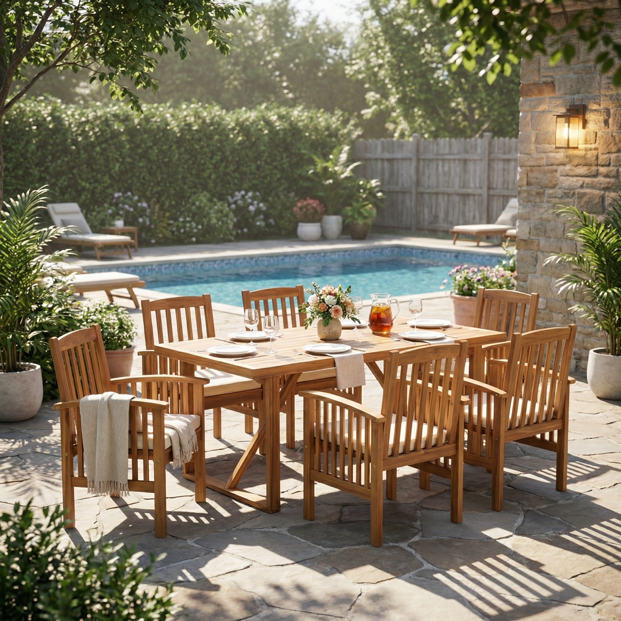7 Pieces Acacia Wood Outdoor Dining Set s,Modern 6 Chairs  1 Large Table,Dining Furniture Set for Lawn, Backyard, Garden Deck,Poolside,Teak