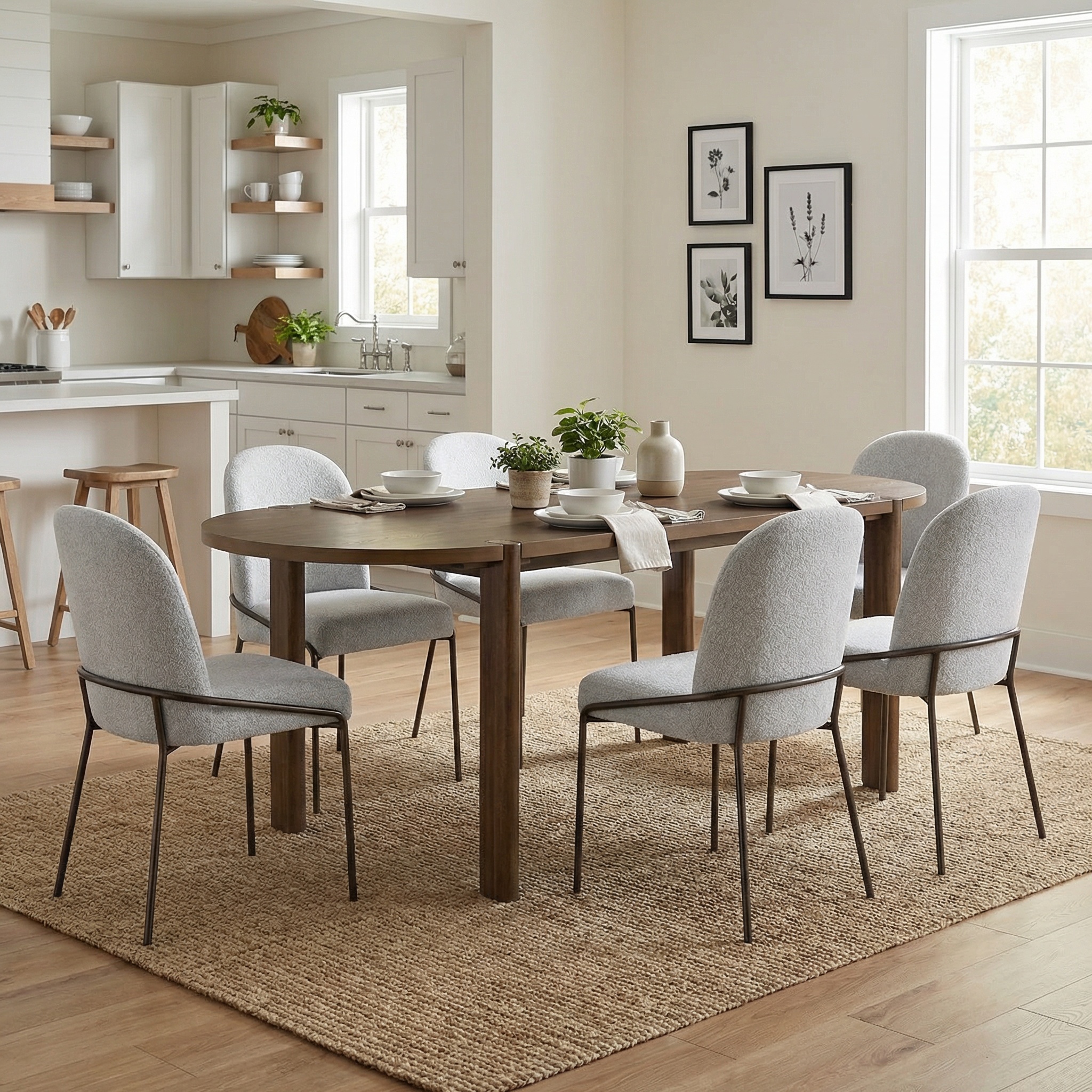 7 Pieces Modern Oval Dining Set, Rustic Farmhouse Solid Wood  Kitchen Table Set for 6, 71” Large Luxury Retro Country Dinner Set with Light Gray Chairs, for Dining Room, Kitchen, Home Office, Walnut