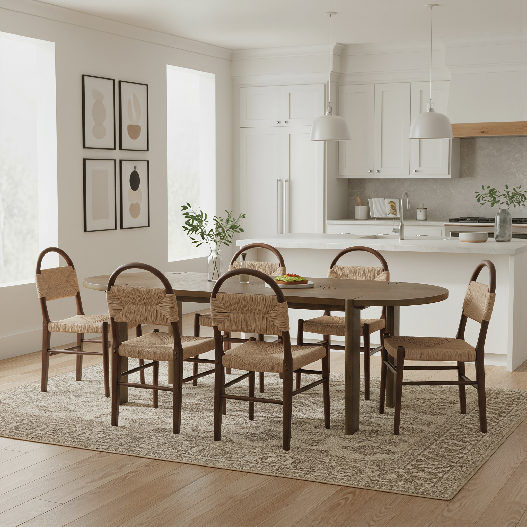 7 Pieces Modern Oval Dining Set, Rustic Farmhouse Solid Wood  Kitchen Table Set for 6, 71” Large Retro Country Dinner Set with Walnut Chair, for Dining Room, Kitchen, Home Office, Living Room, Walnut