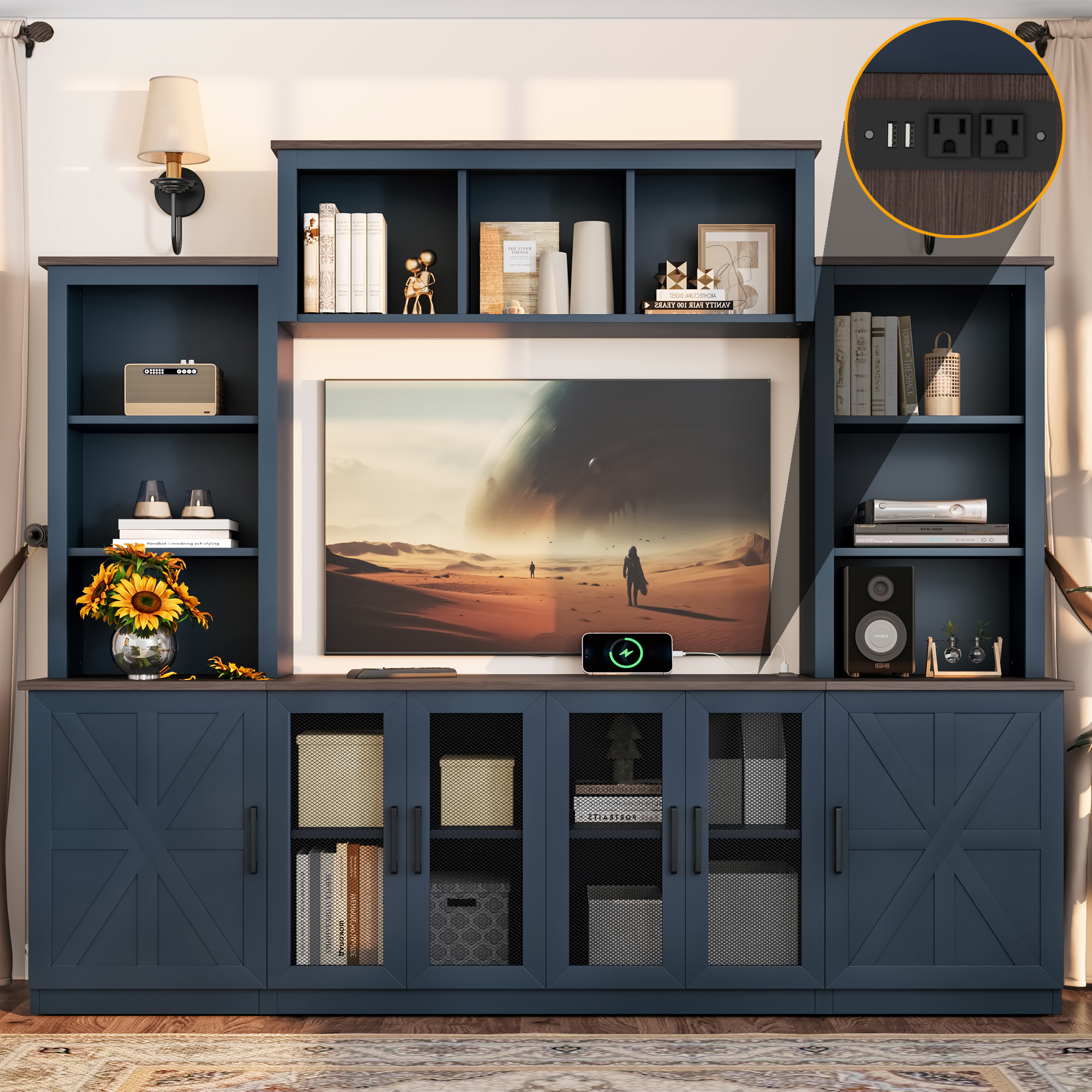 Wall Unit Entertainment Center with Charging Station and USB Charging for TVs,TV Stand with Large Storage Cabinet,Modern TV Stand Media Console with Cabinets,Blue