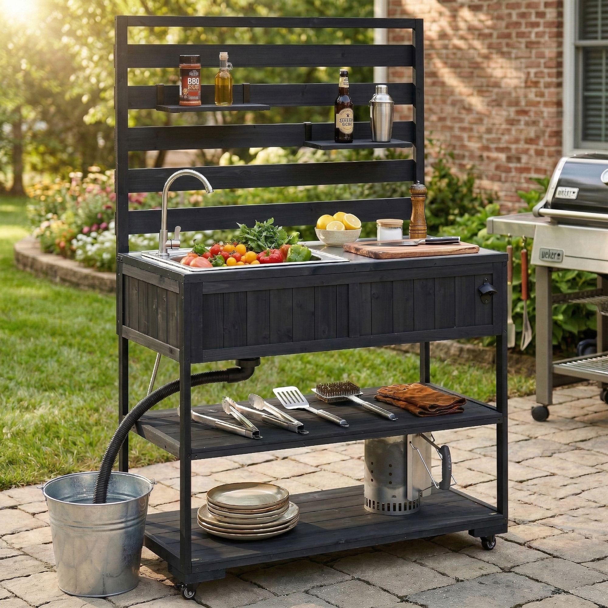 (With Assembly Video) TOPMAX 41.7” Large Patio Rolling Kitchen Island Solid Wood Kitchen Cart with Sink, Garden Potting Bench with Stainless Table Top, 2 Movable Shelves and 1 Bottle Opener,Black
