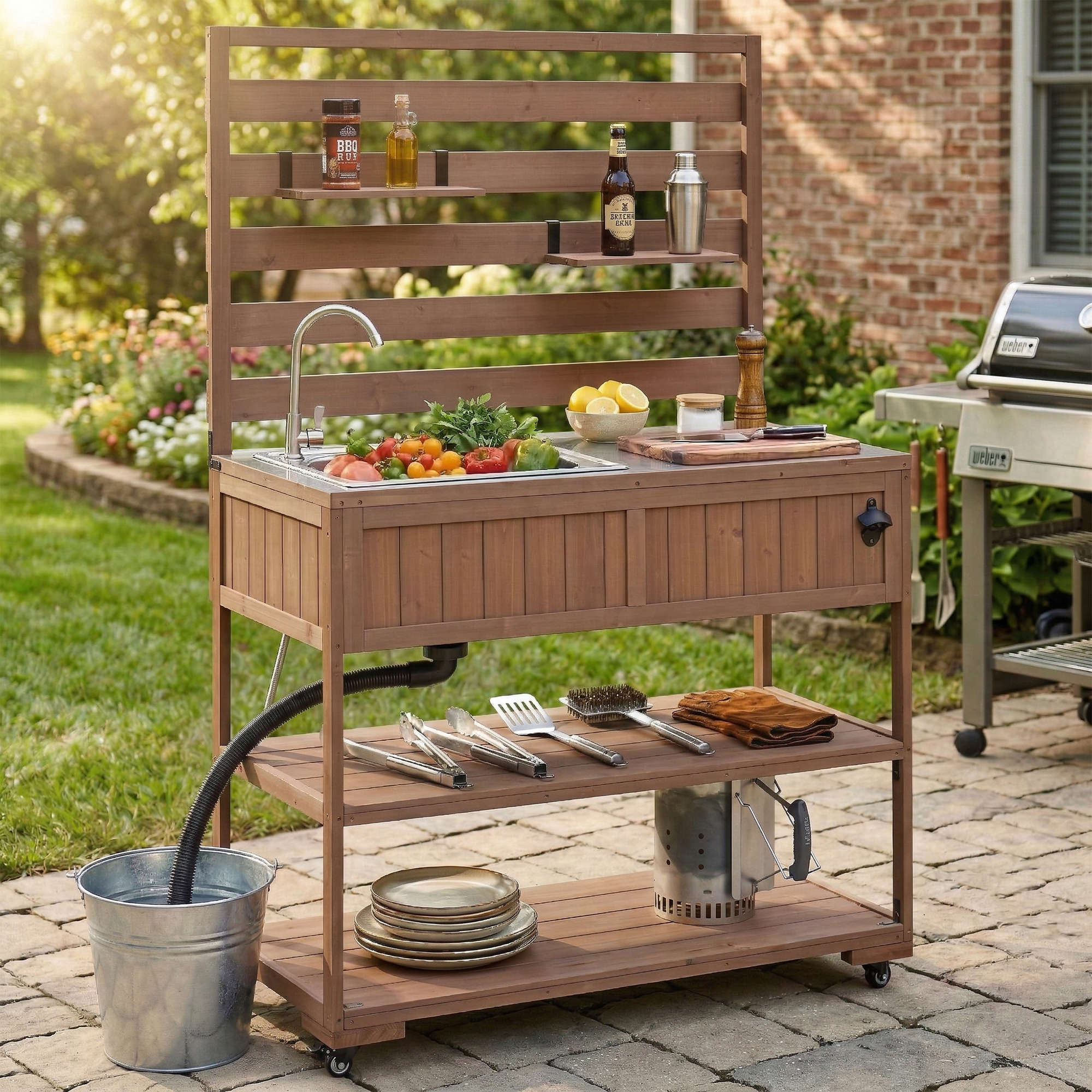(With Assembly Video) TOPMAX 41.7” Large Patio Rolling Kitchen Island Solid Wood Kitchen Cart with Sink, Garden Potting Bench with Stainless Table Top, 2 Movable Shelves and 1 Bottle Opener,Brown
